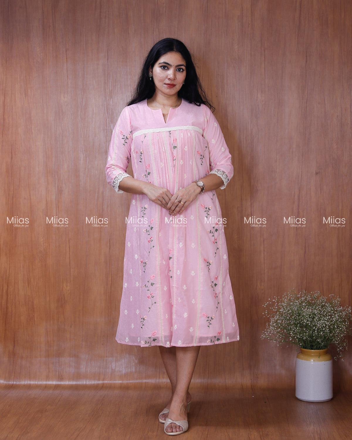 Mul Chanderi Dress Kurti | Embroidered Front + Lace + Lined | Baby Pink