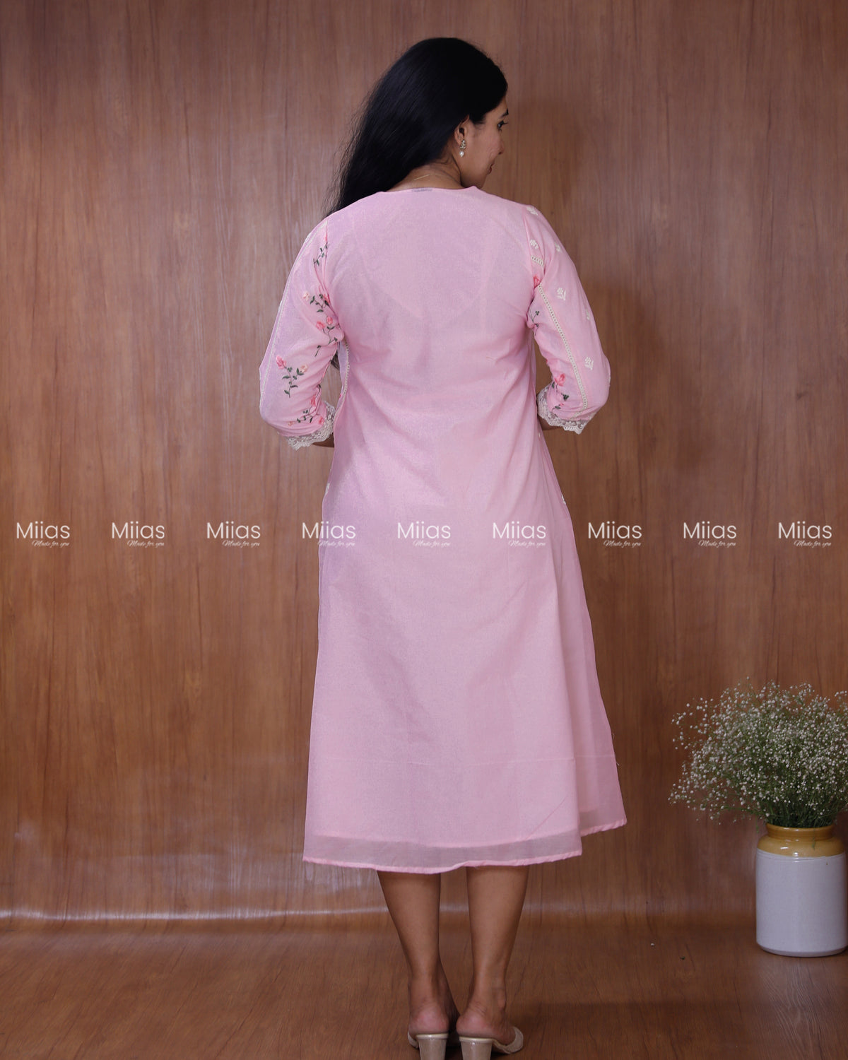 Mul Chanderi Dress Kurti | Embroidered Front + Lace + Lined | Baby Pink