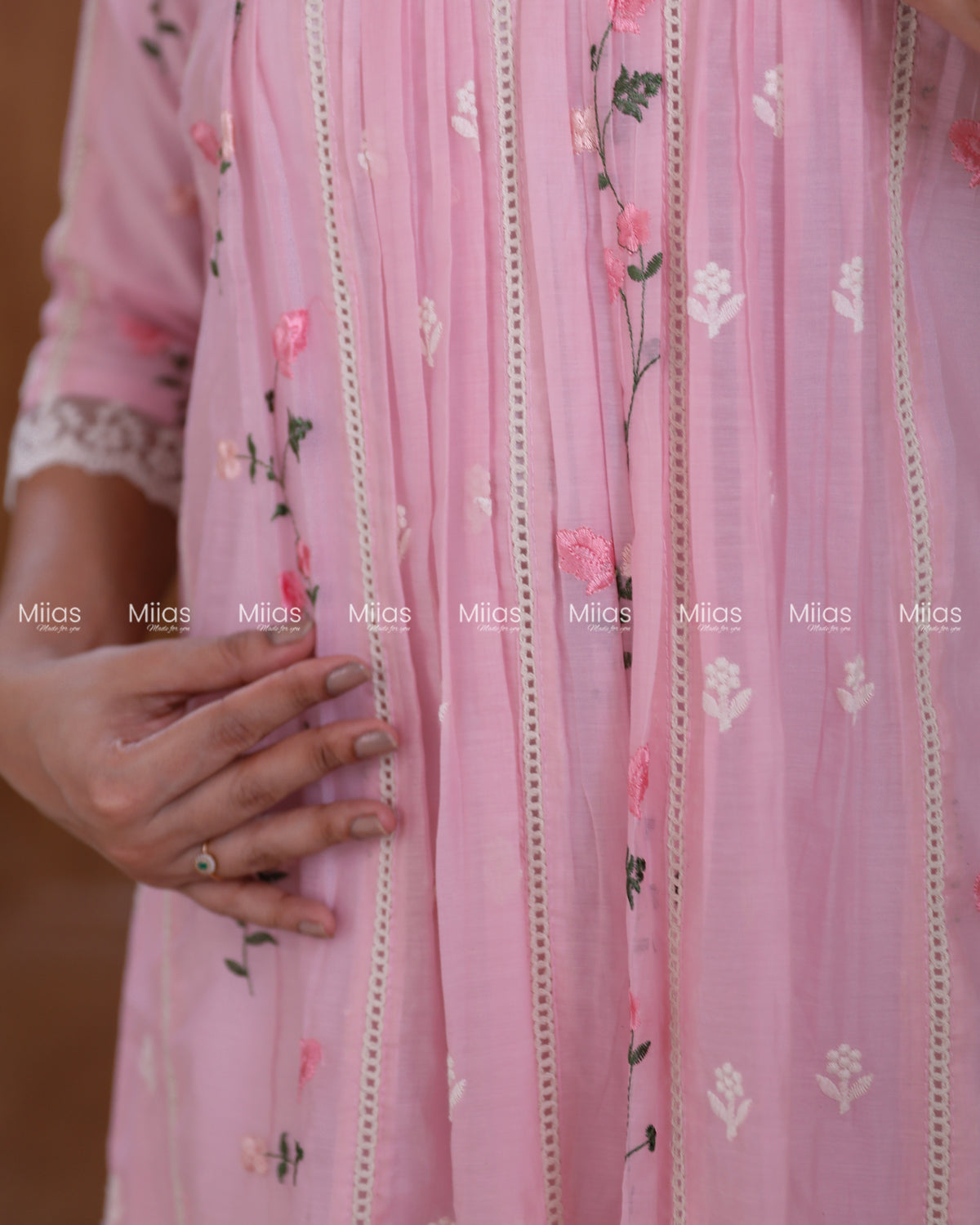 Mul Chanderi Dress Kurti | Embroidered Front + Lace + Lined | Baby Pink