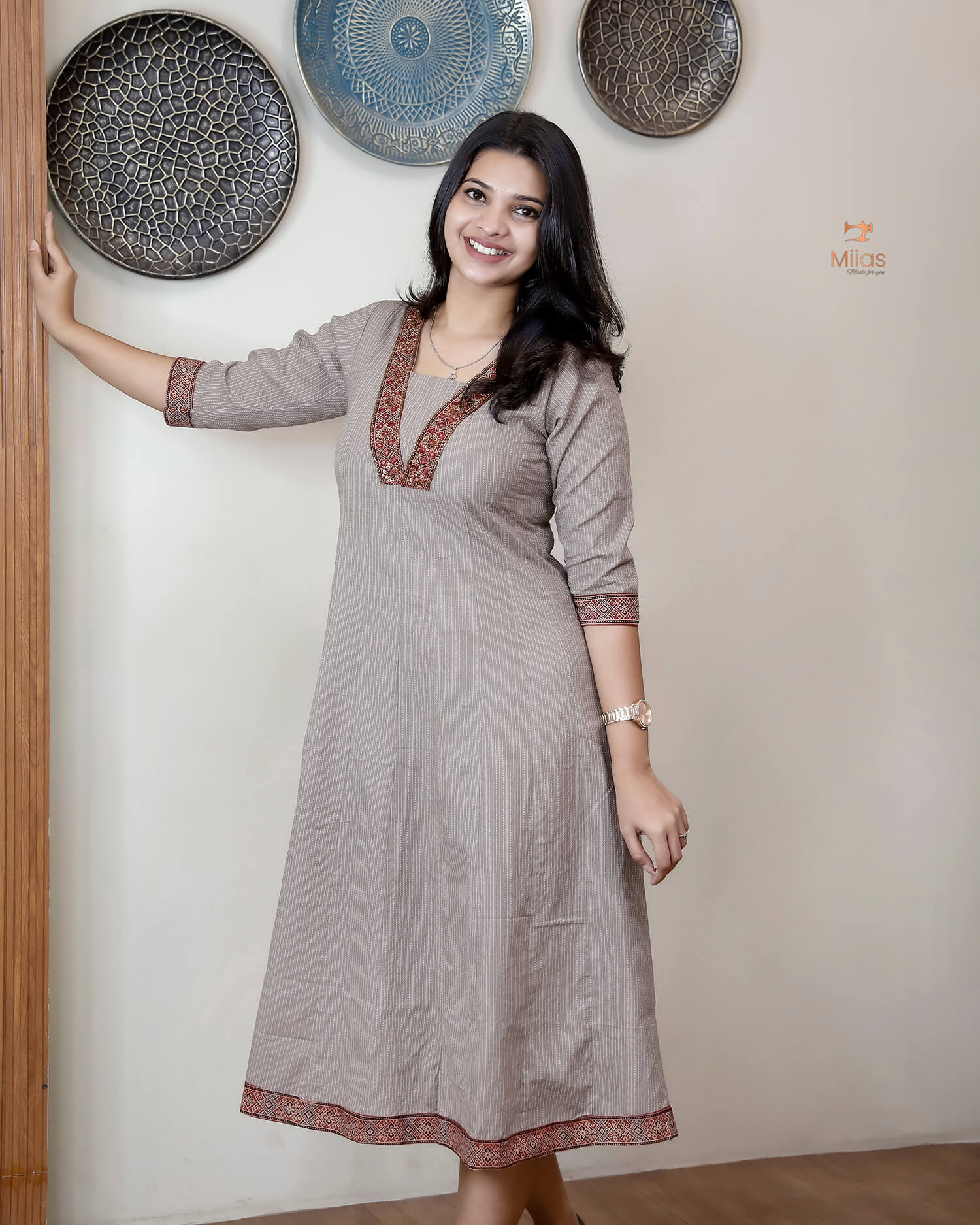 Kantha Cotton Kurti | Panel Cut with Ajrakh Print-Stone Gray.