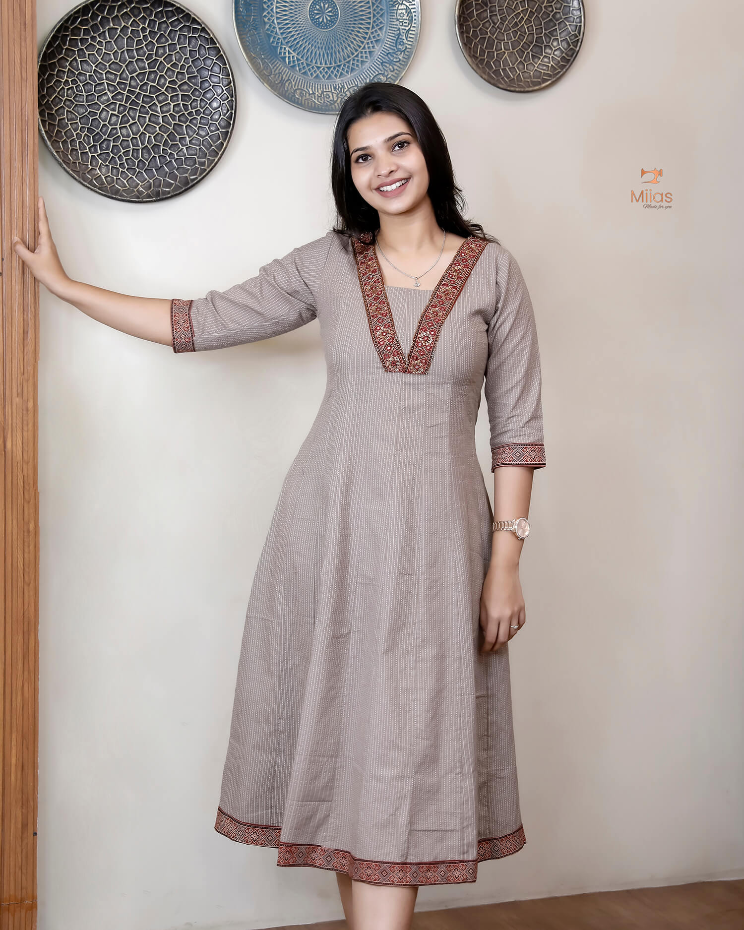 Kantha Cotton Kurti | Panel Cut with Ajrakh Print-Stone Gray.