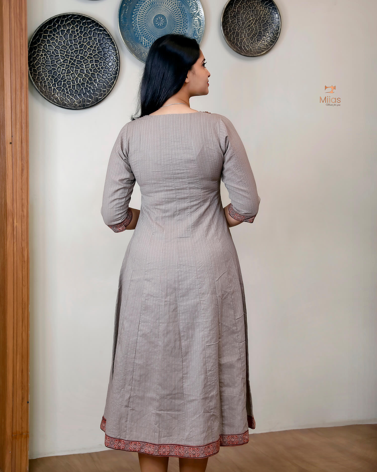 Kantha Cotton Kurti | Panel Cut with Ajrakh Print-Stone Gray.