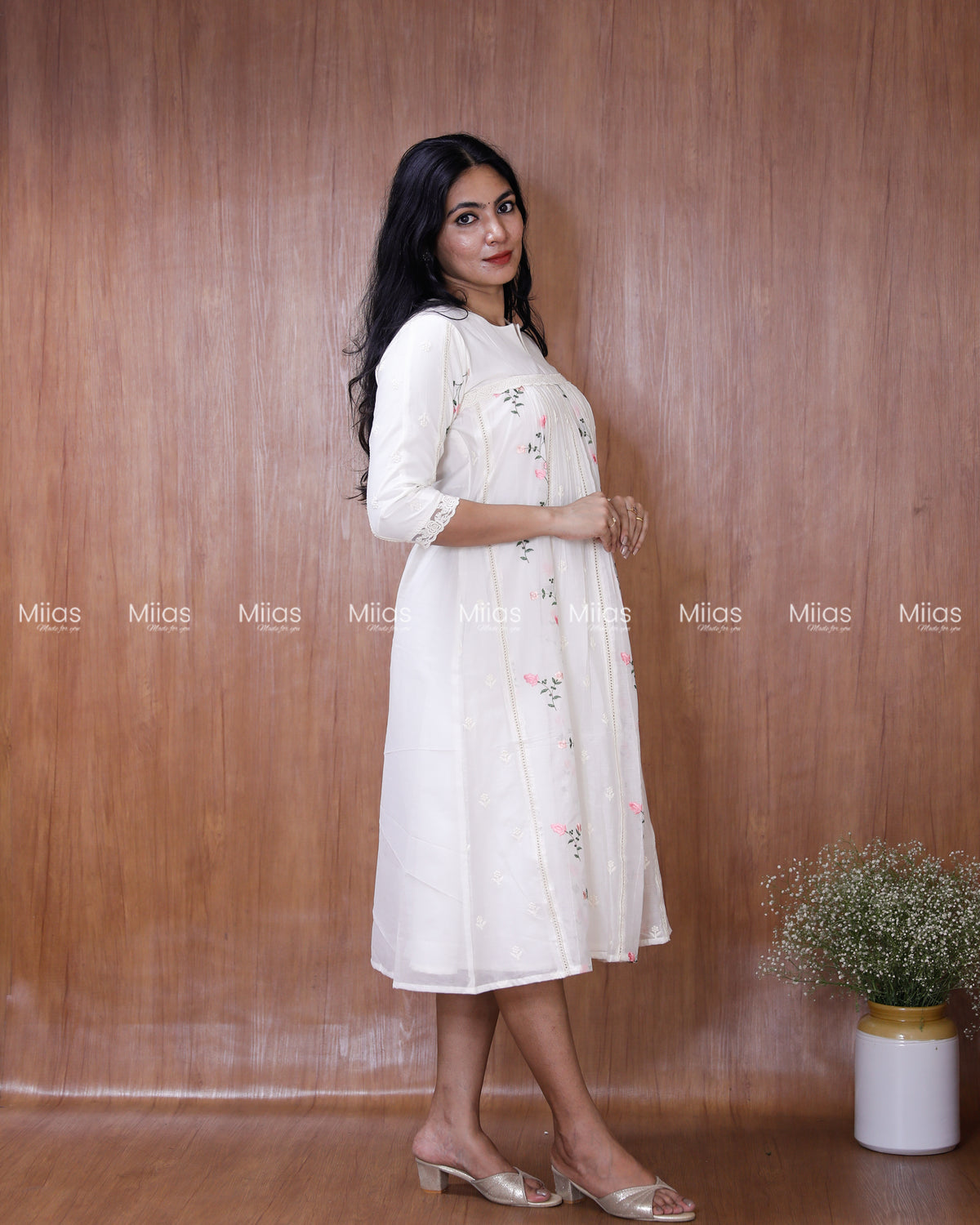 Mul Chanderi Dress Kurti | Embroidered Front + Lace + Lined | White