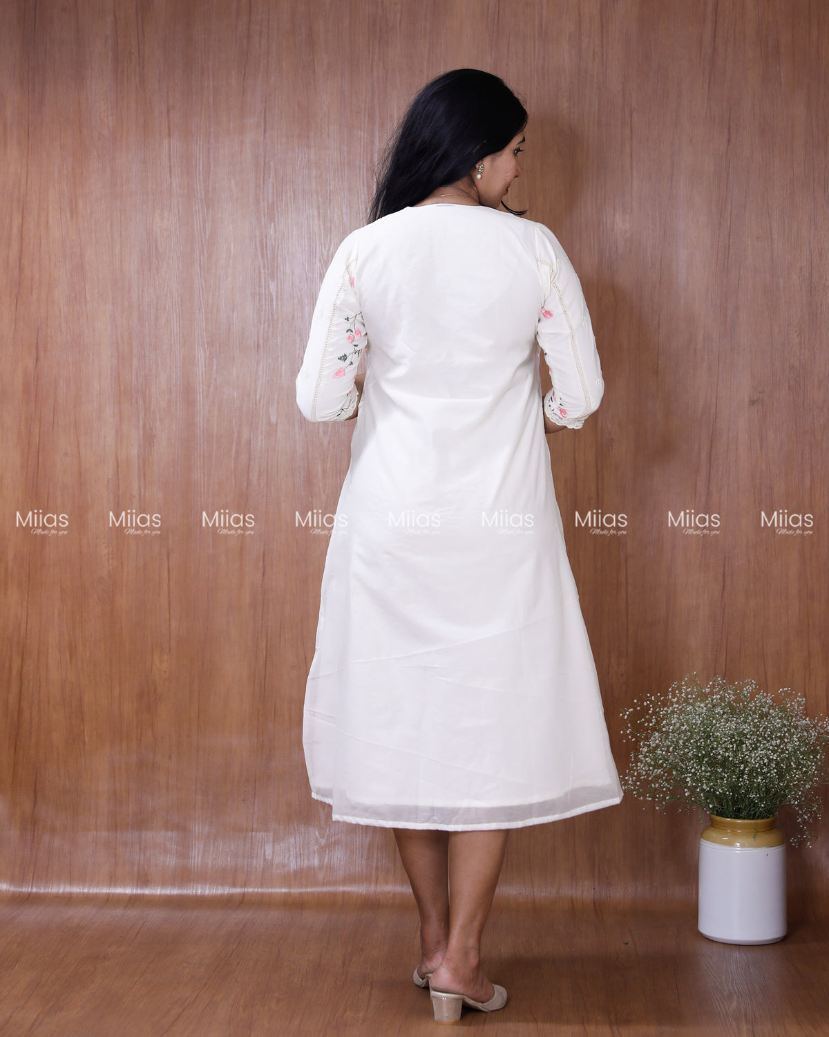 Mul Chanderi Dress Kurti | Embroidered Front + Lace + Lined | White