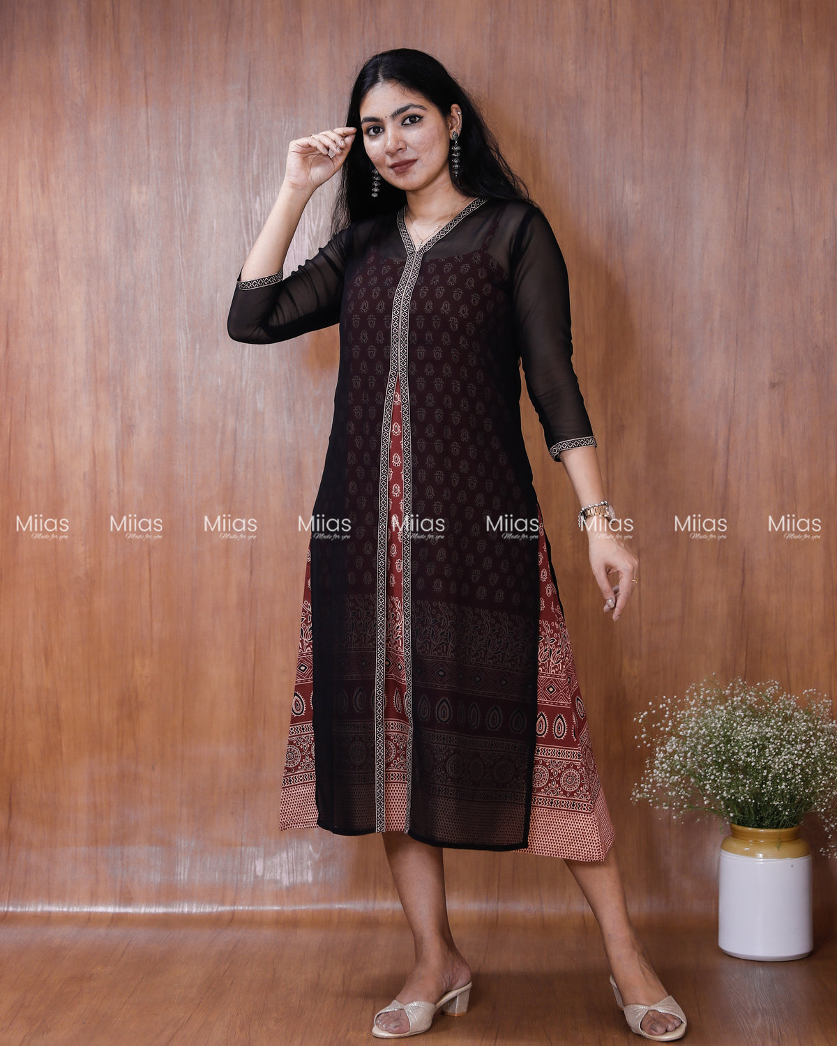 Georgette Two-Piece Set | Ajrakh Border Jacket + A-Line Dress | Black & Brick Red