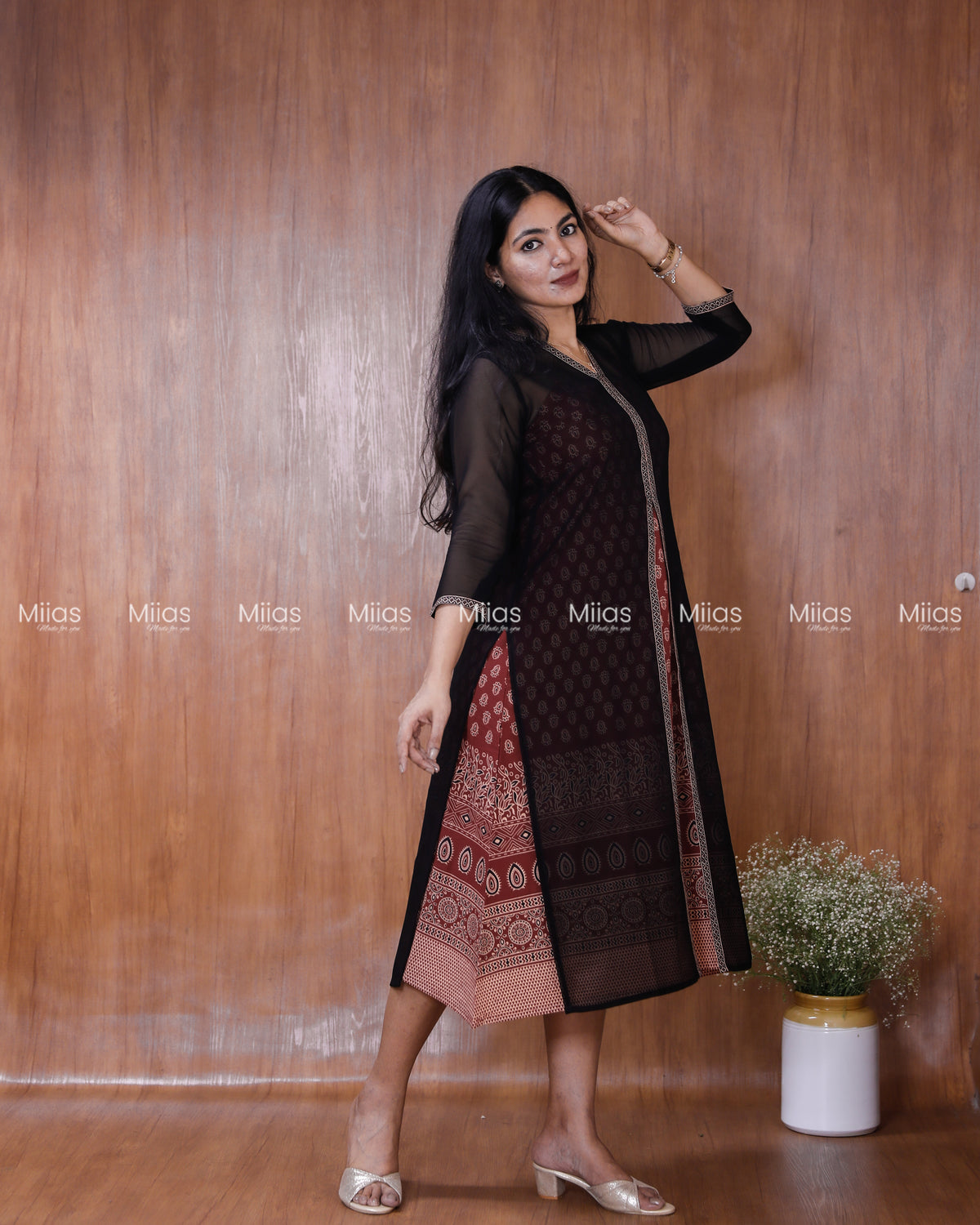 Georgette Two-Piece Set | Ajrakh Border Jacket + A-Line Dress | Black & Brick Red