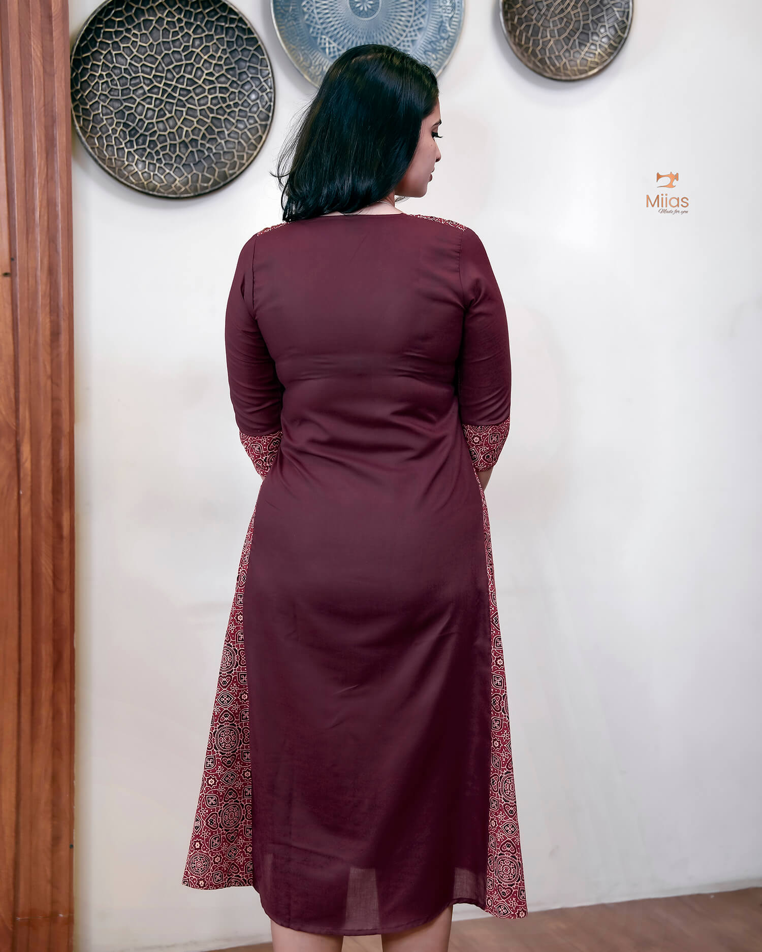 Cotton A-Line Kurti with Ajrakh Patchwork & Mirror Work-Wine Red