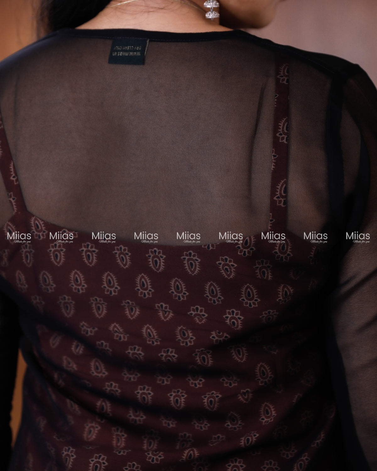 Georgette Two-Piece Set | Ajrakh Border Jacket + A-Line Dress | Black & Brick Red