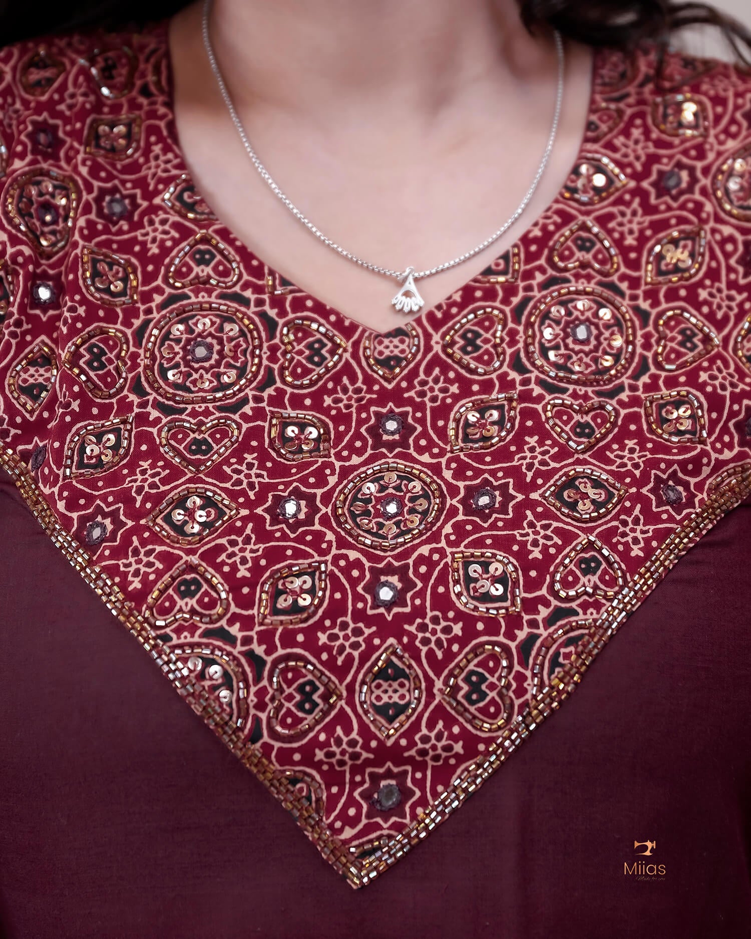 Cotton A-Line Kurti with Ajrakh Patchwork & Mirror Work-Wine Red