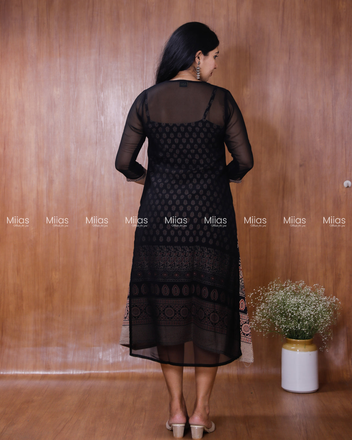 Georgette Two-Piece Set | Ajrakh Border Jacket + A-Line Dress | Black with Black