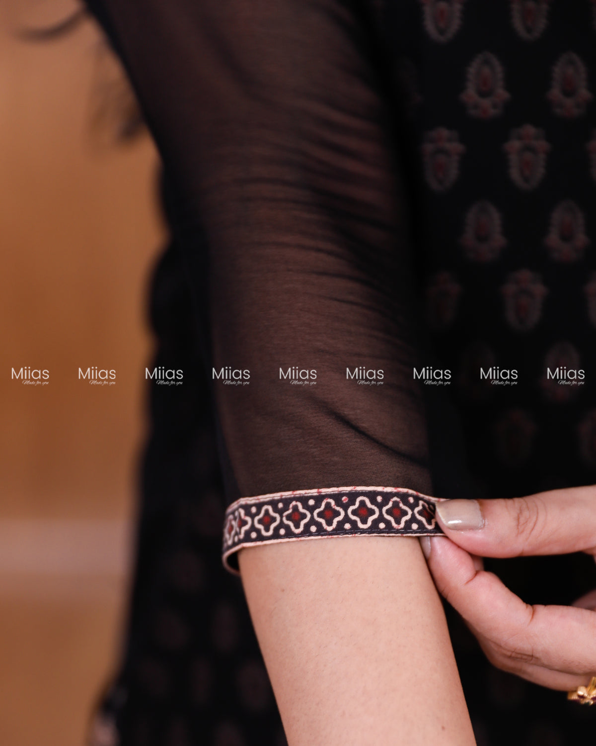 Georgette Two-Piece Set | Ajrakh Border Jacket + A-Line Dress | Black with Black