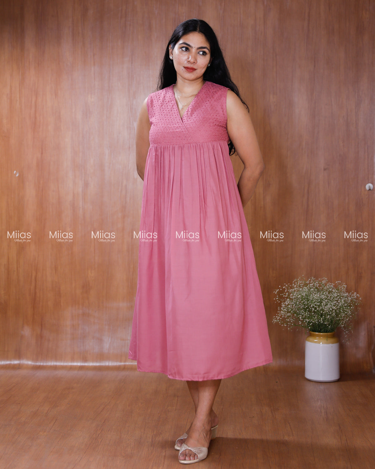 Cotton Dress Kurti | Hakoba Yoke + Pleats + A-Line Back | Pink