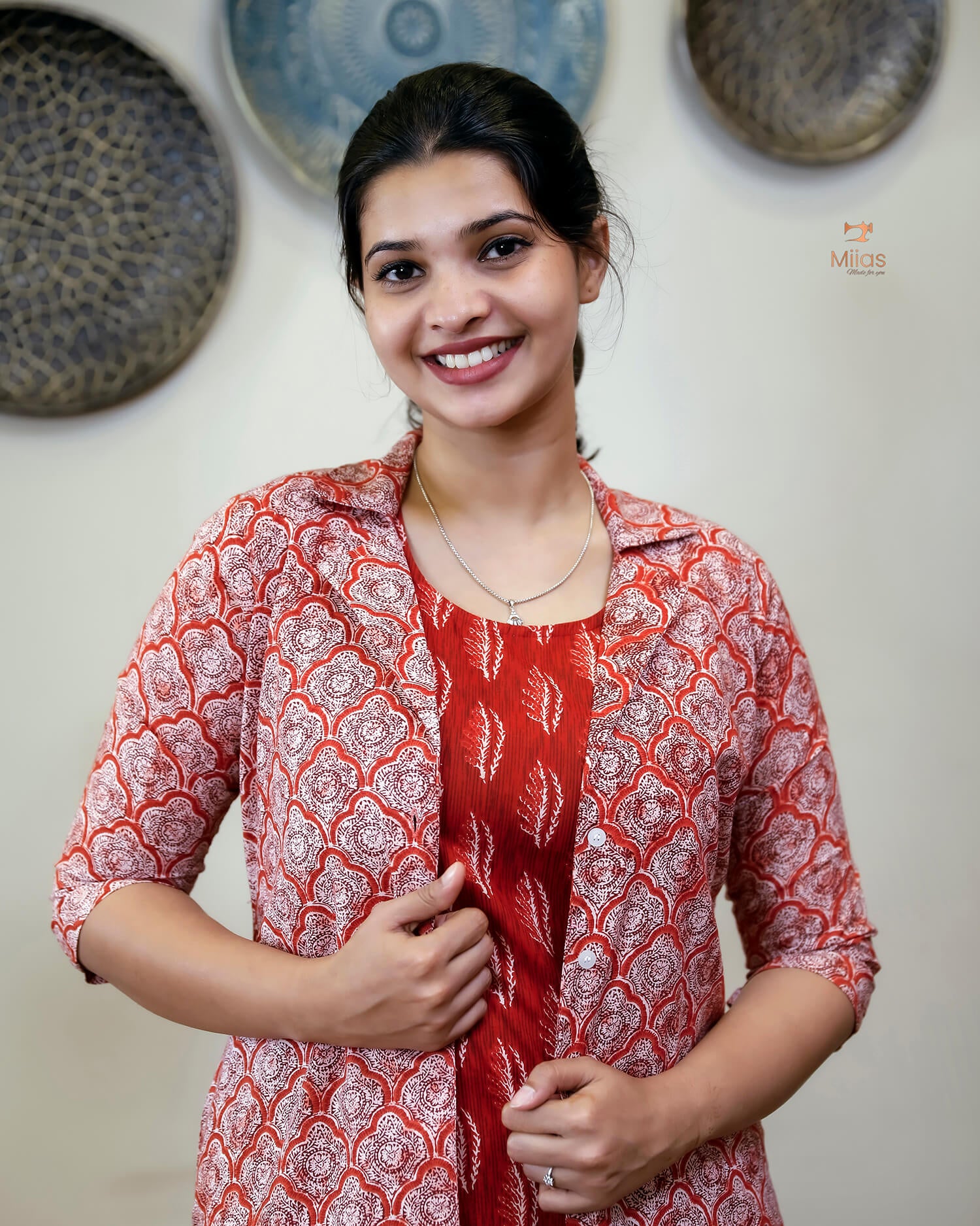 Cotton 3-Piece Set: Sleeveless Top, Bottom & Jacket-Orange Red