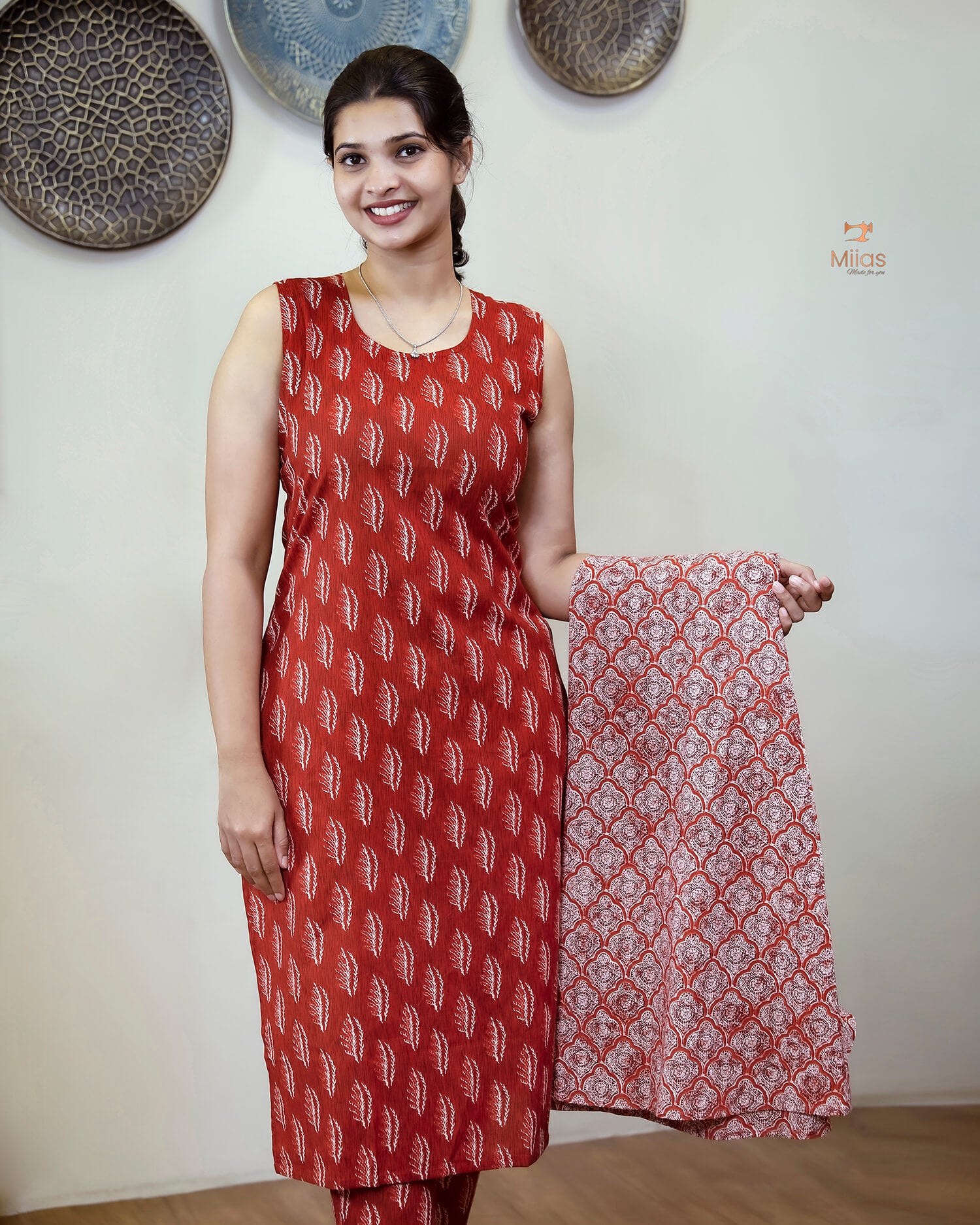 Cotton 3-Piece Set: Sleeveless Top, Bottom & Jacket-Orange Red