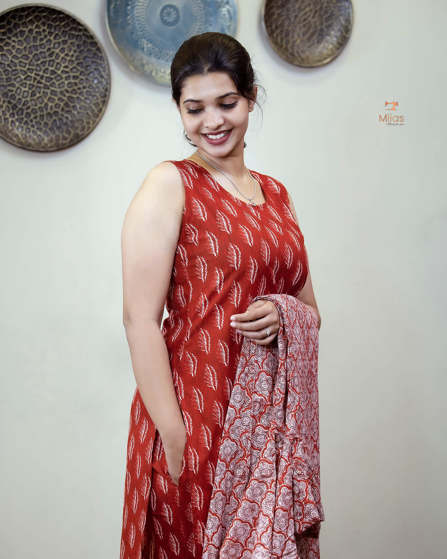 Cotton 3-Piece Set: Sleeveless Top, Bottom & Jacket-Orange Red