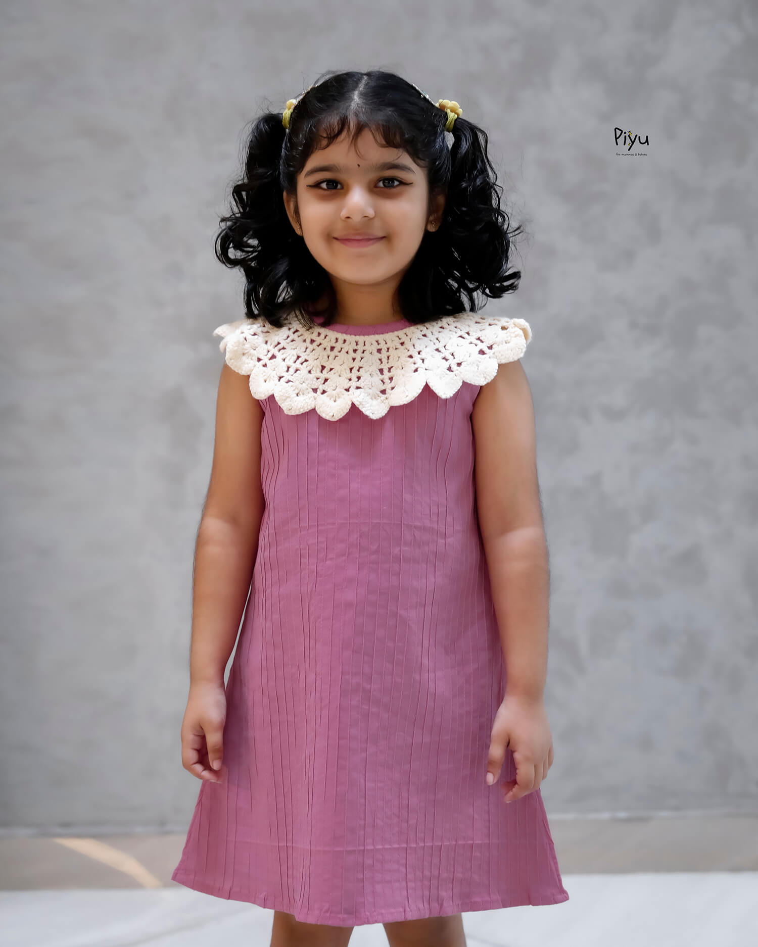 Pintuck Cotton A-Line Frock w/ Crochet Neckline-Pink.