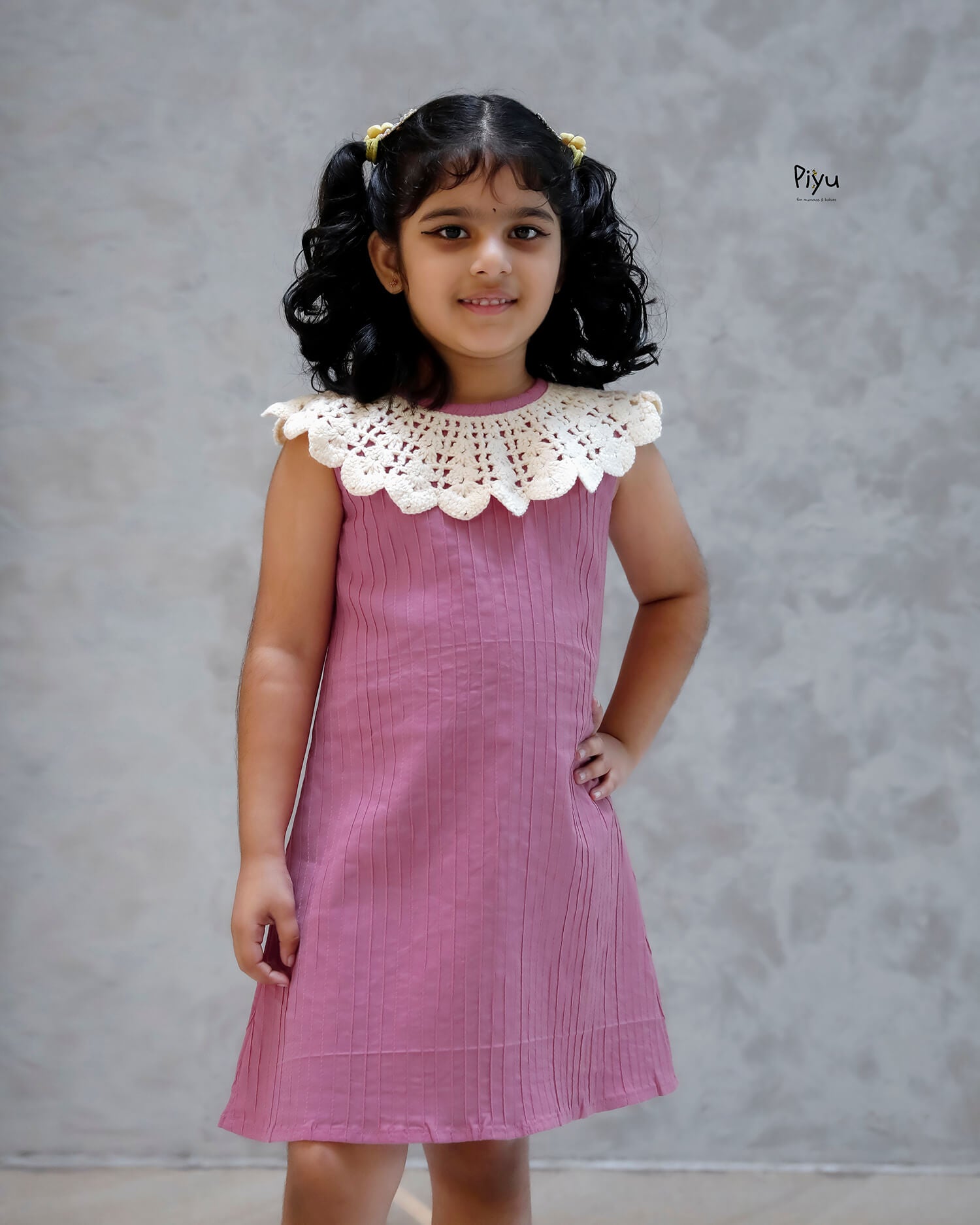 Pintuck Cotton A-Line Frock w/ Crochet Neckline-Pink.