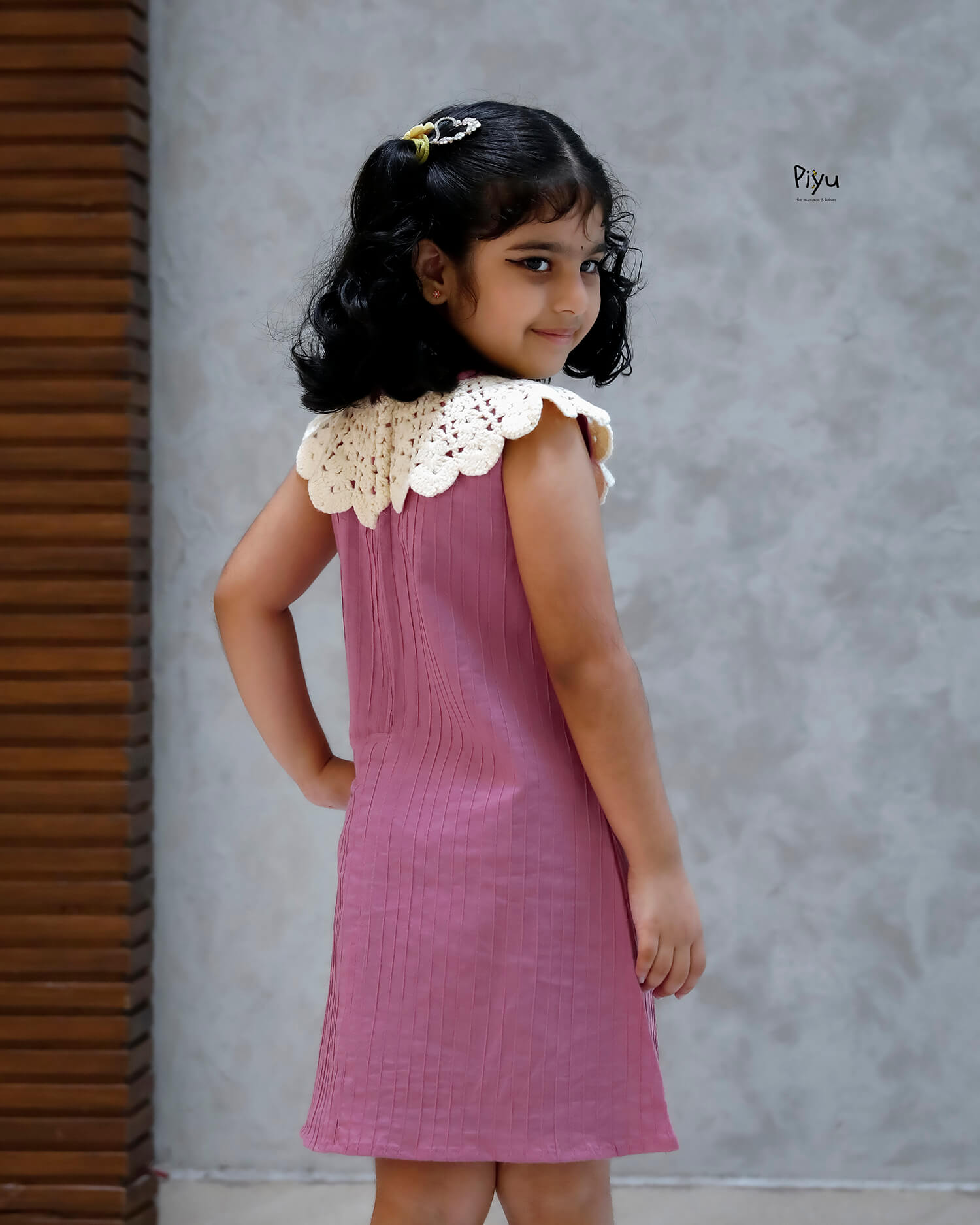 Pintuck Cotton A-Line Frock w/ Crochet Neckline-Pink.
