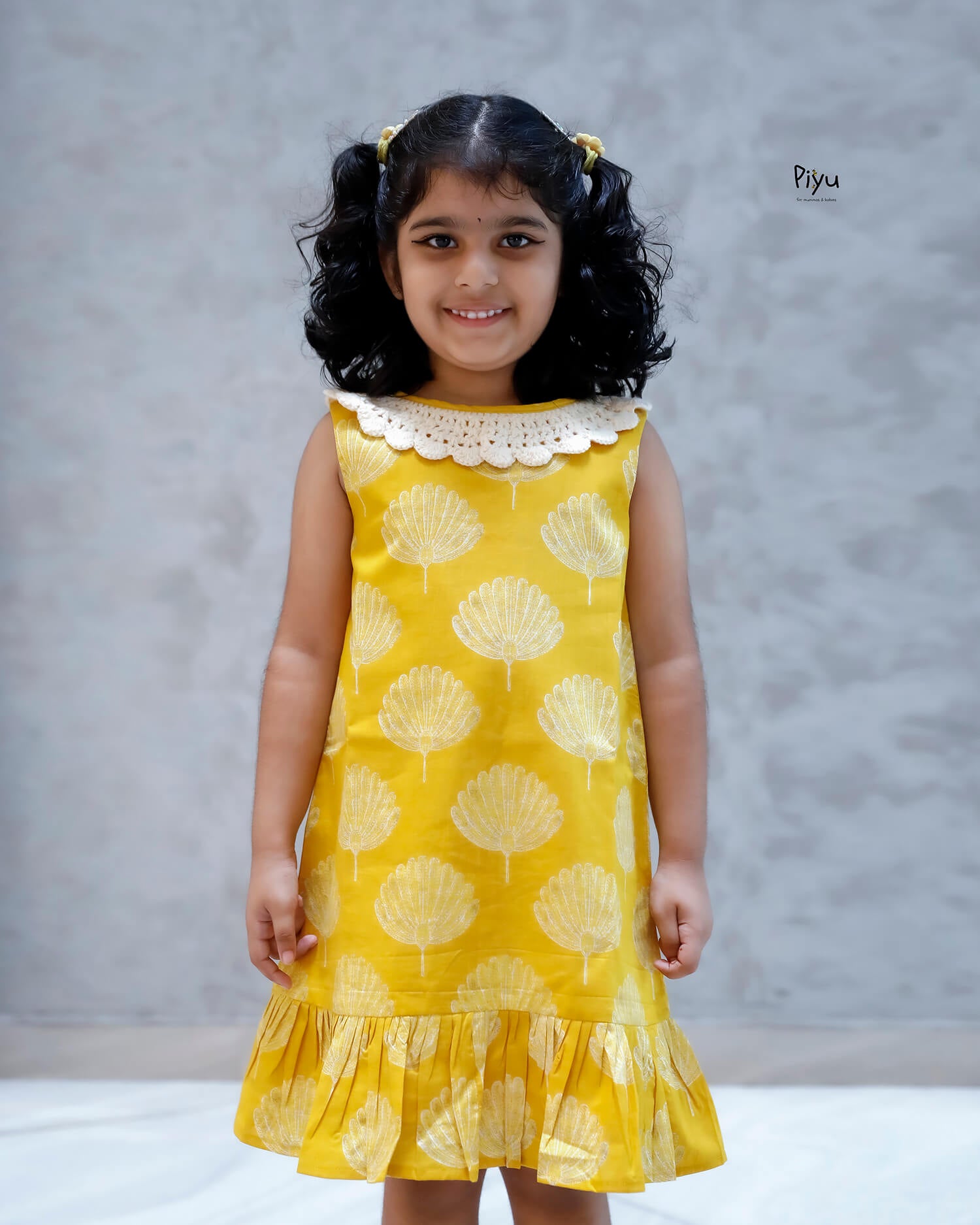 South Cotton A-Line Frock with Crochet Lace & Flare-Yellow.
