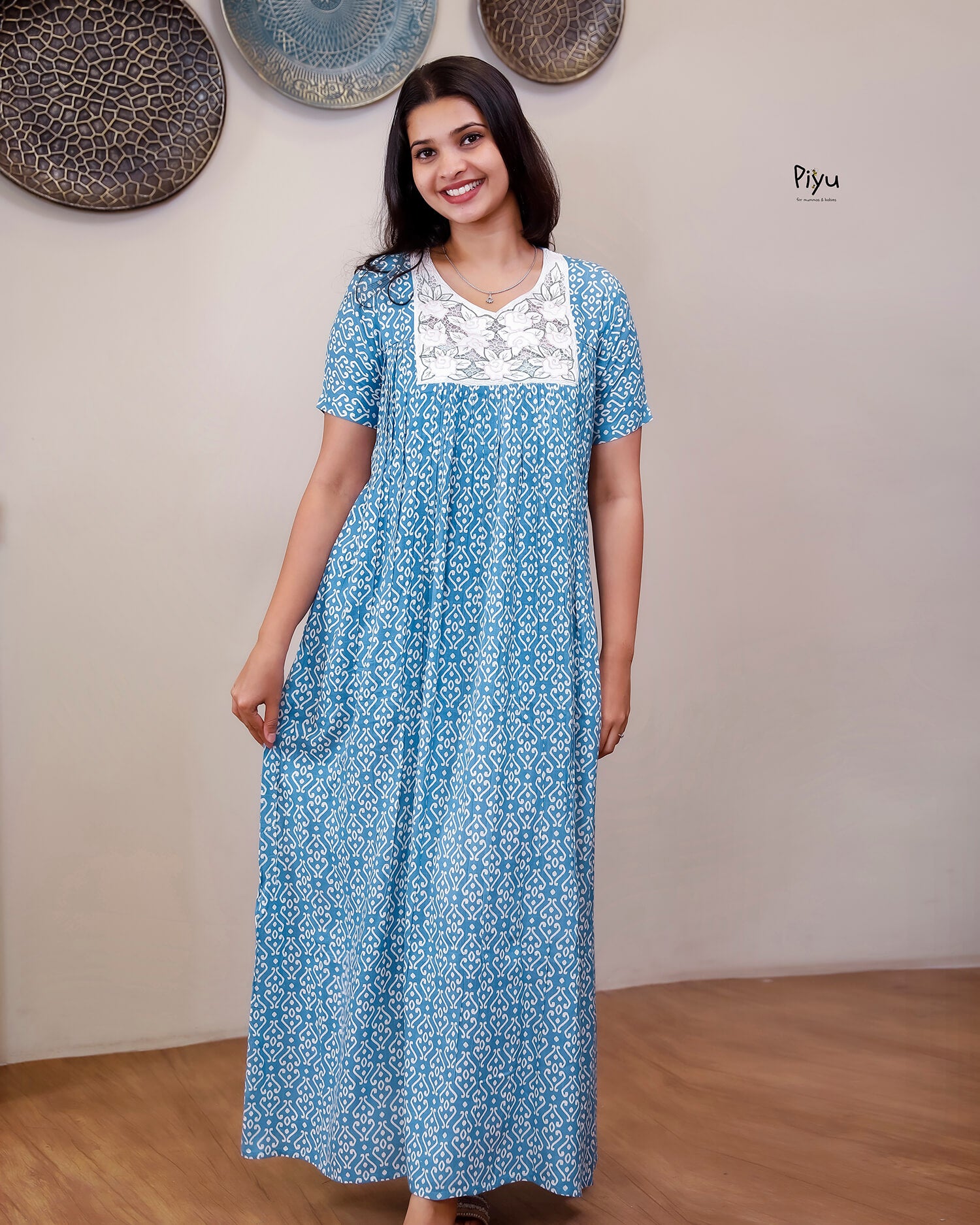 Cotton Lounge Dress: 55" Length with Pocket-Blue
