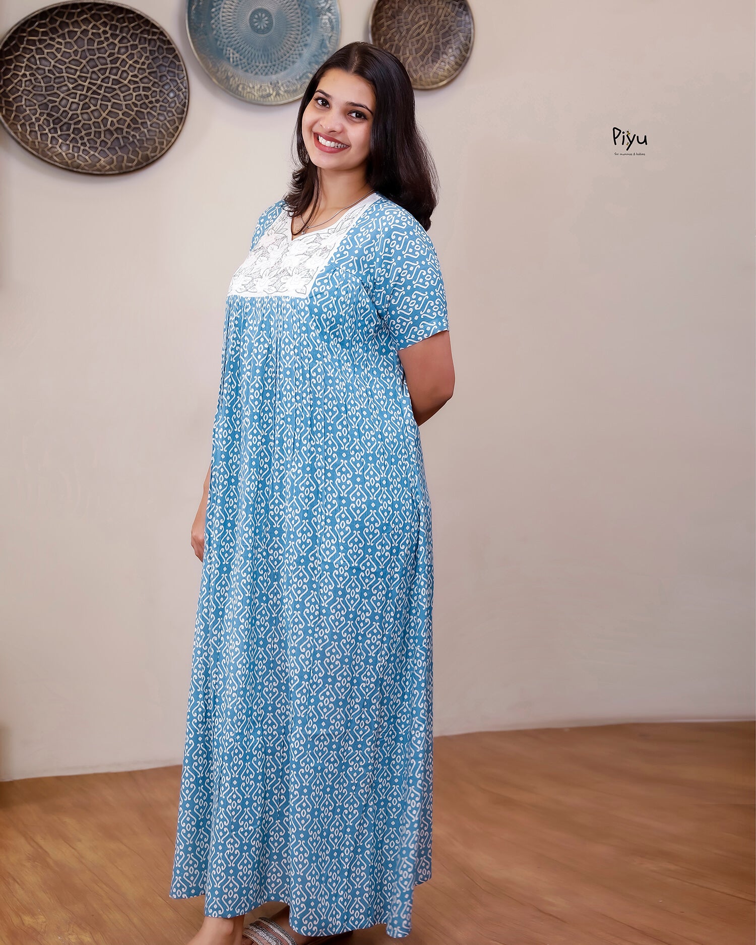 Cotton Lounge Dress: 55" Length with Pocket-Blue