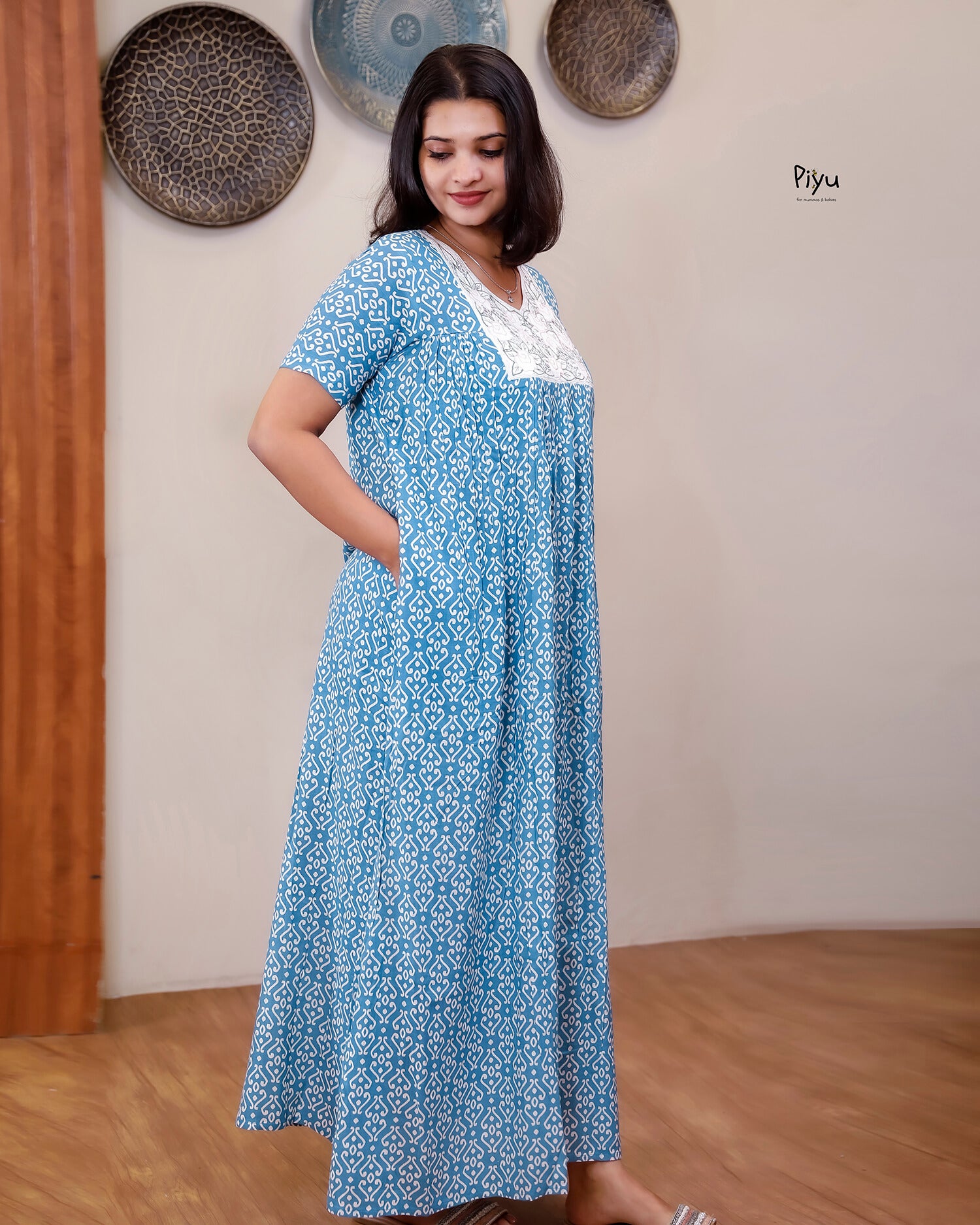 Cotton Lounge Dress: 55" Length with Pocket-Blue