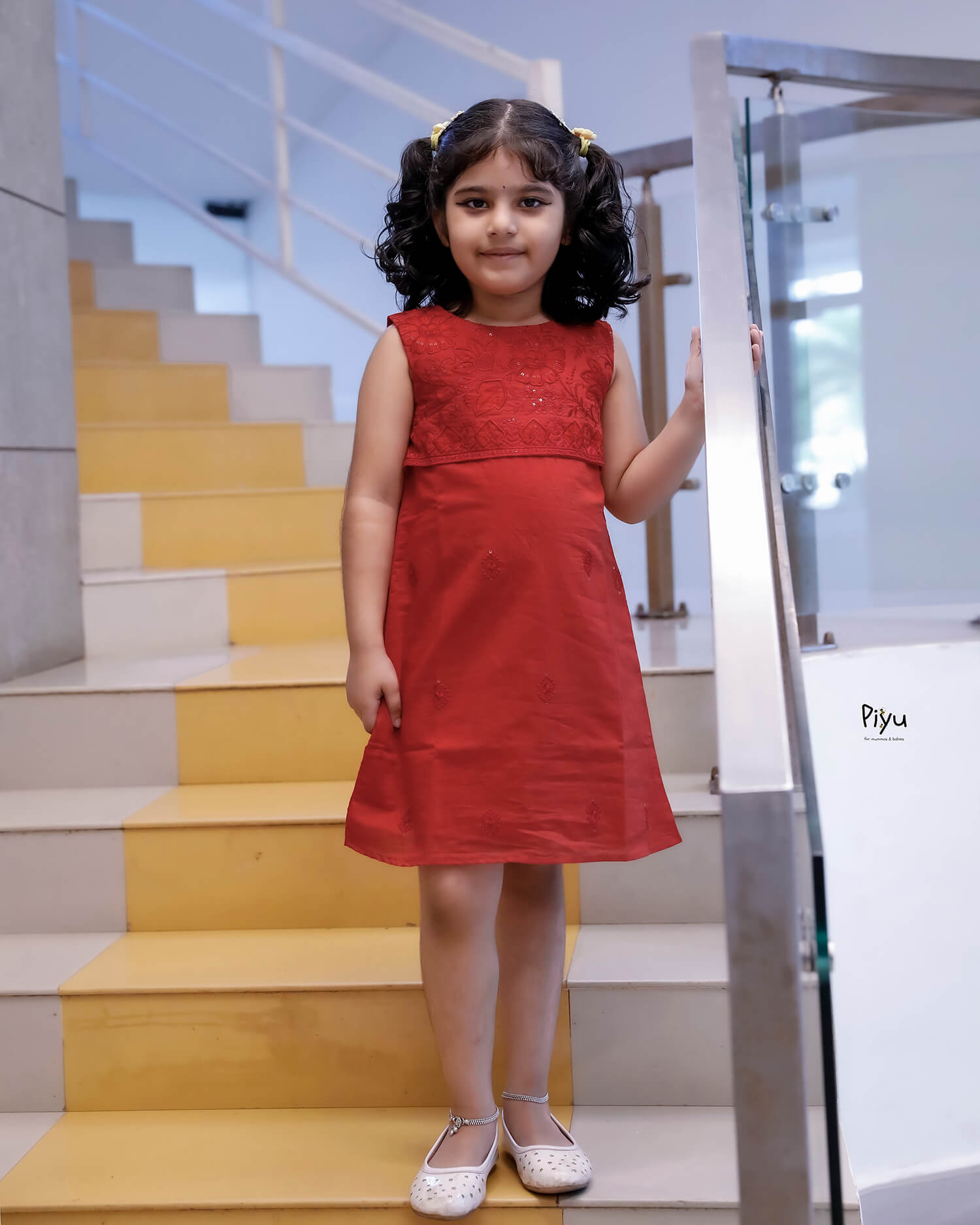 Mul Chanderi A-Line Frock: Cutwork & Sequenced Yoke-Red.