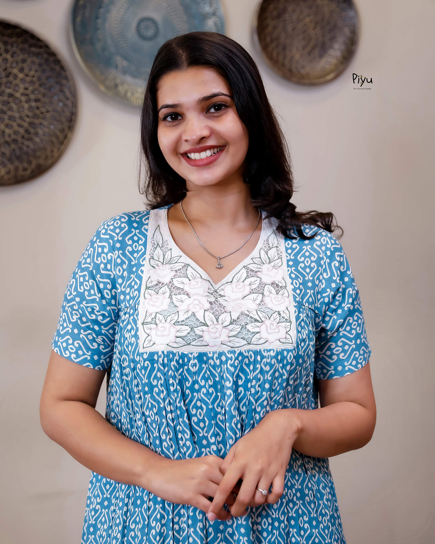 Cotton Lounge Dress: 55" Length with Pocket-Blue