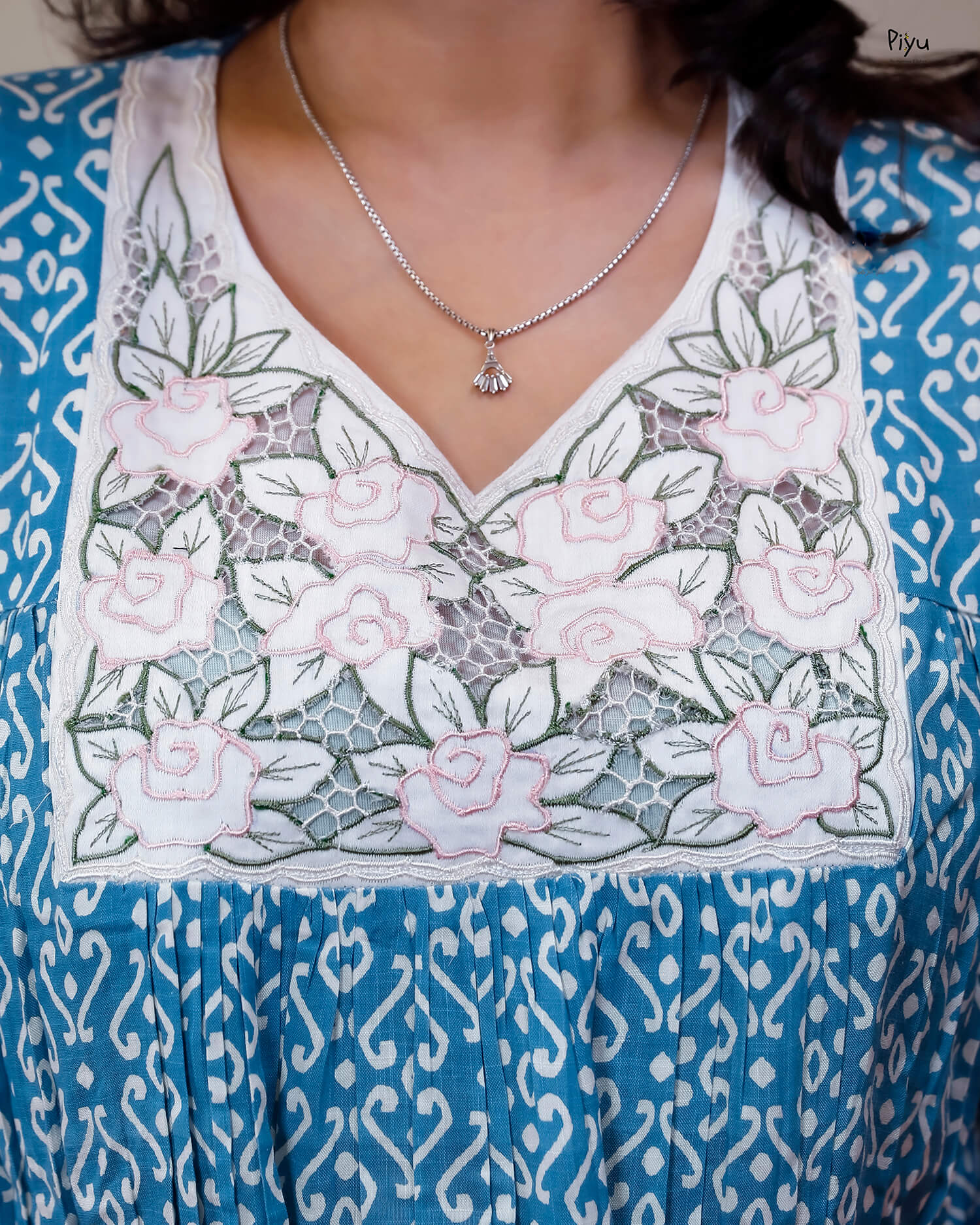 Cotton Lounge Dress: 55" Length with Pocket-Blue