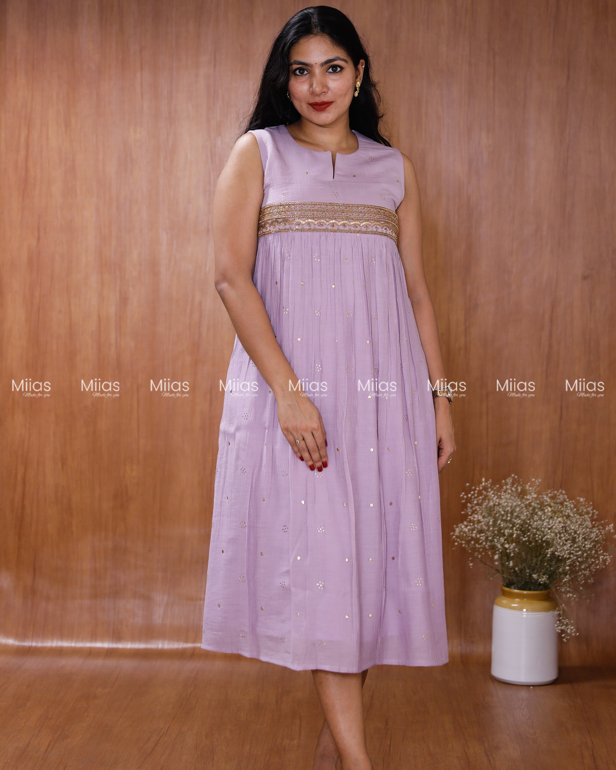 Crushed Dhara Silk Kurti | Mukaish + Beaded Sequin Yoke | Lavender