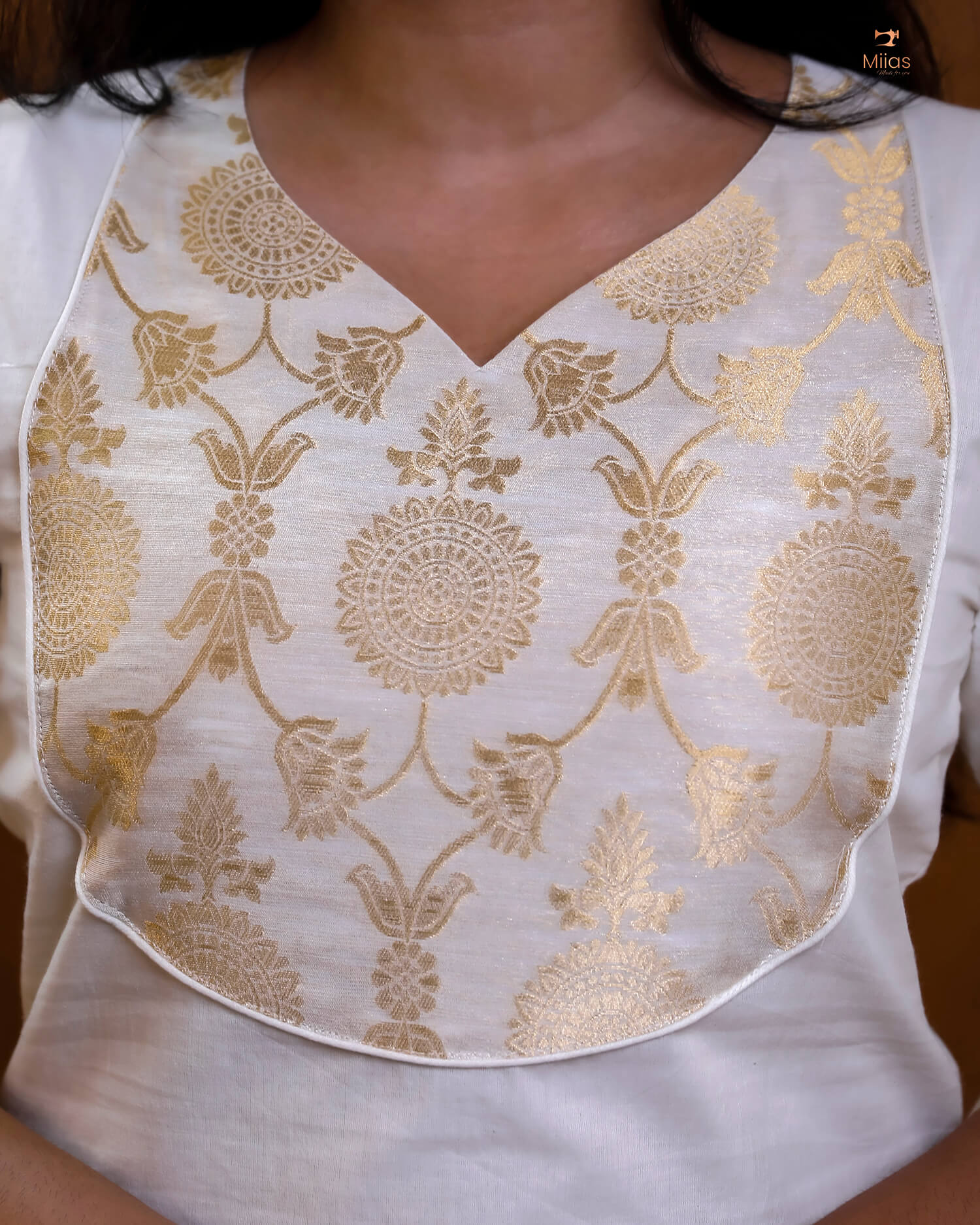 Kerala Cotton Kurti with Banarasi Yoke & Leaf Neck Design