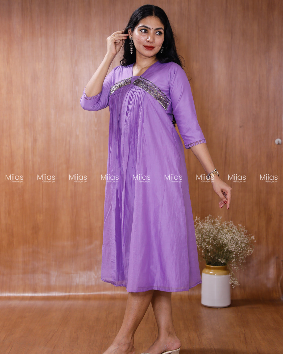 Mul Chanderi Alia Cut Dress Kurti | Lace + Beaded Yoke | Purple
