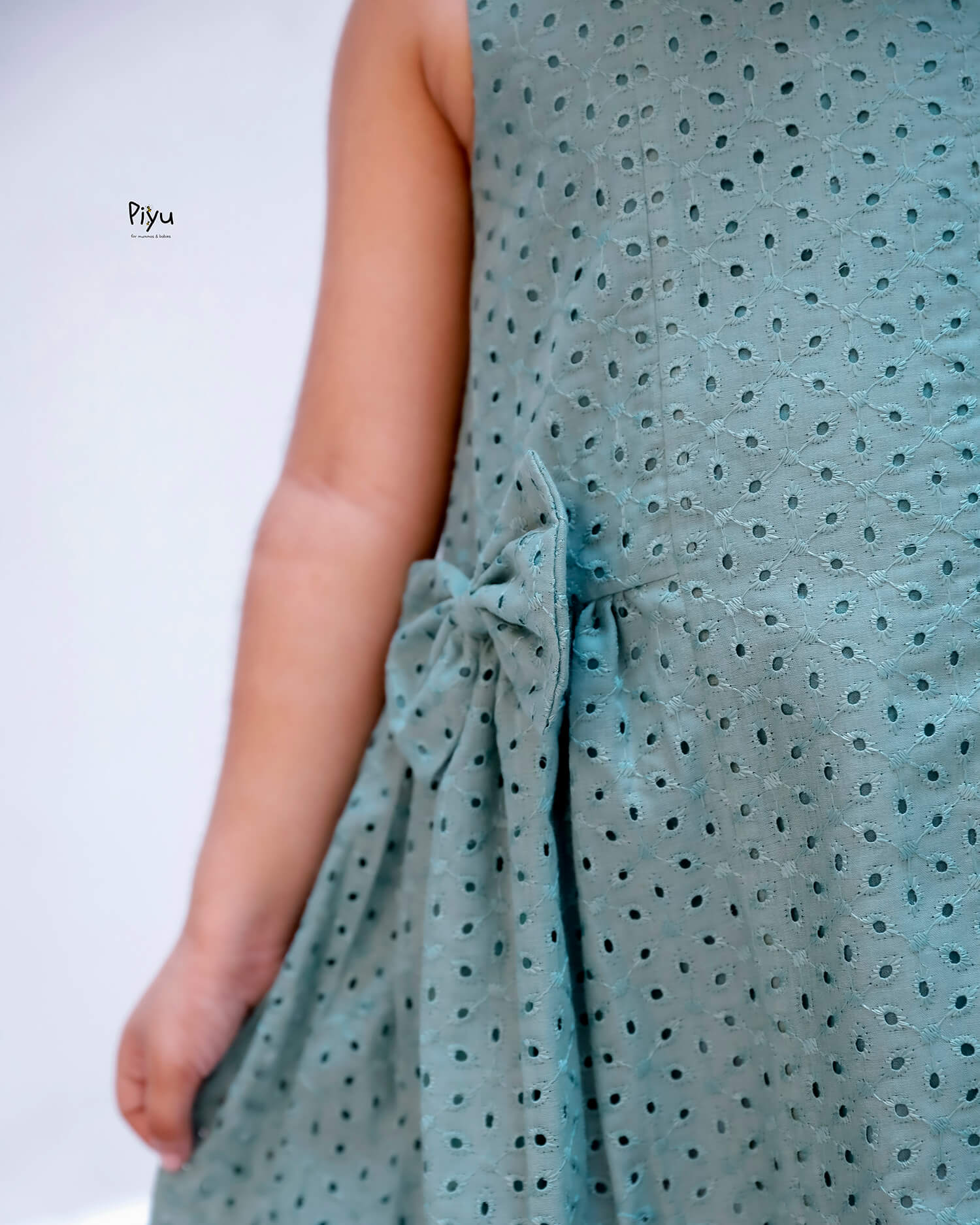 Soft Hakoba Lined A-Line Dress w/ Bow & Pleats-Pastel Teal Green.