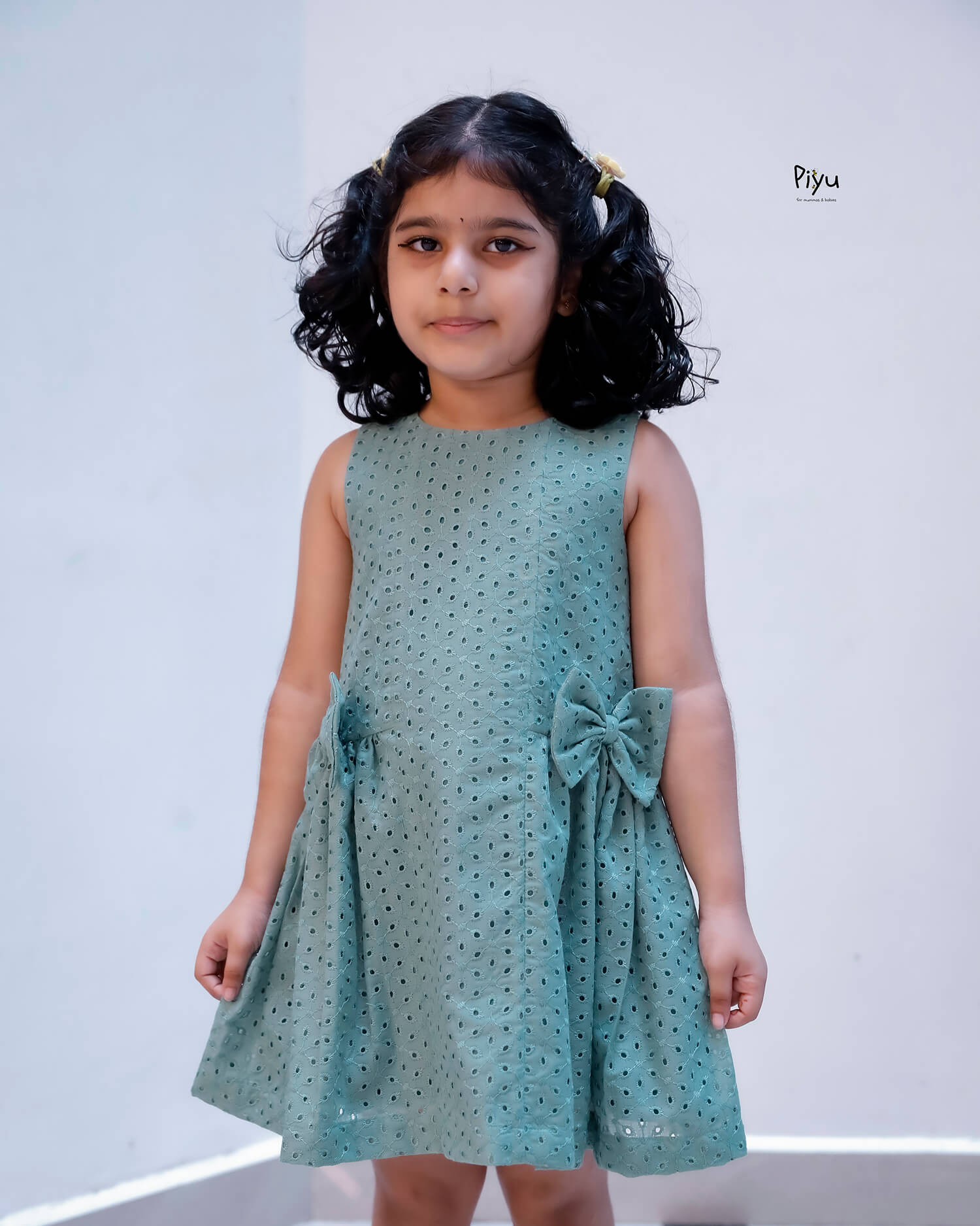 Soft Hakoba Lined A-Line Dress w/ Bow & Pleats-Pastel Teal Green.