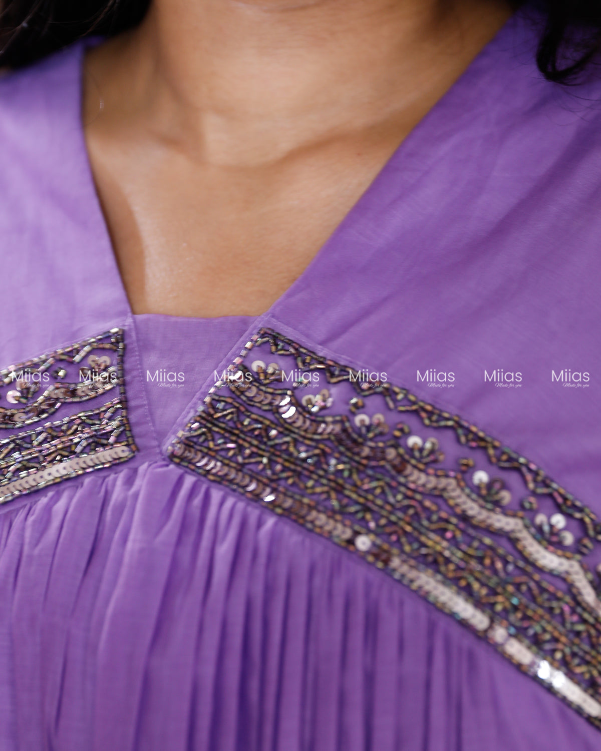Mul Chanderi Alia Cut Dress Kurti | Lace + Beaded Yoke | Purple