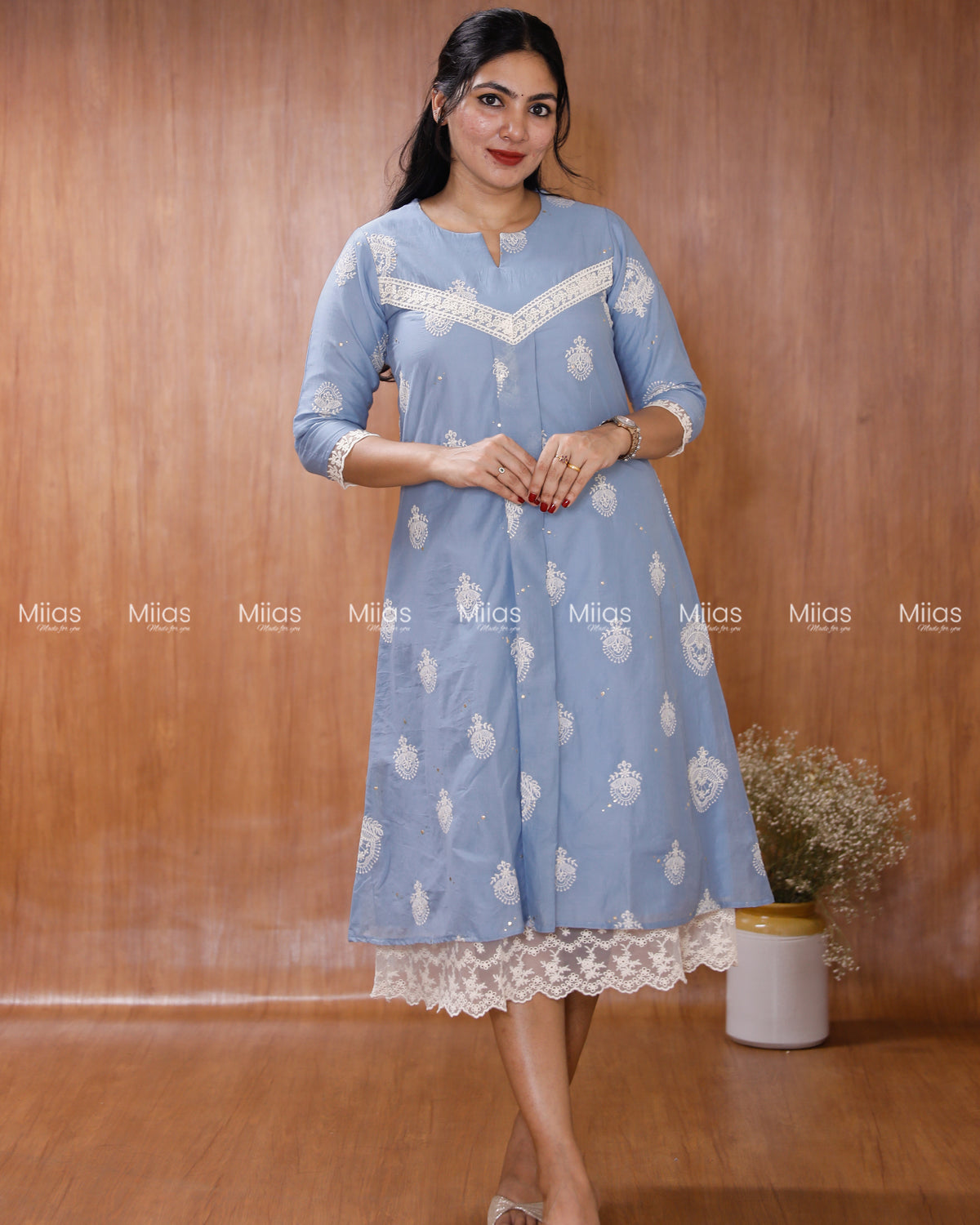 Mul Chanderi Dress Kurti | Mukaish + Lace V-Yoke + Pleats | Powder Blue