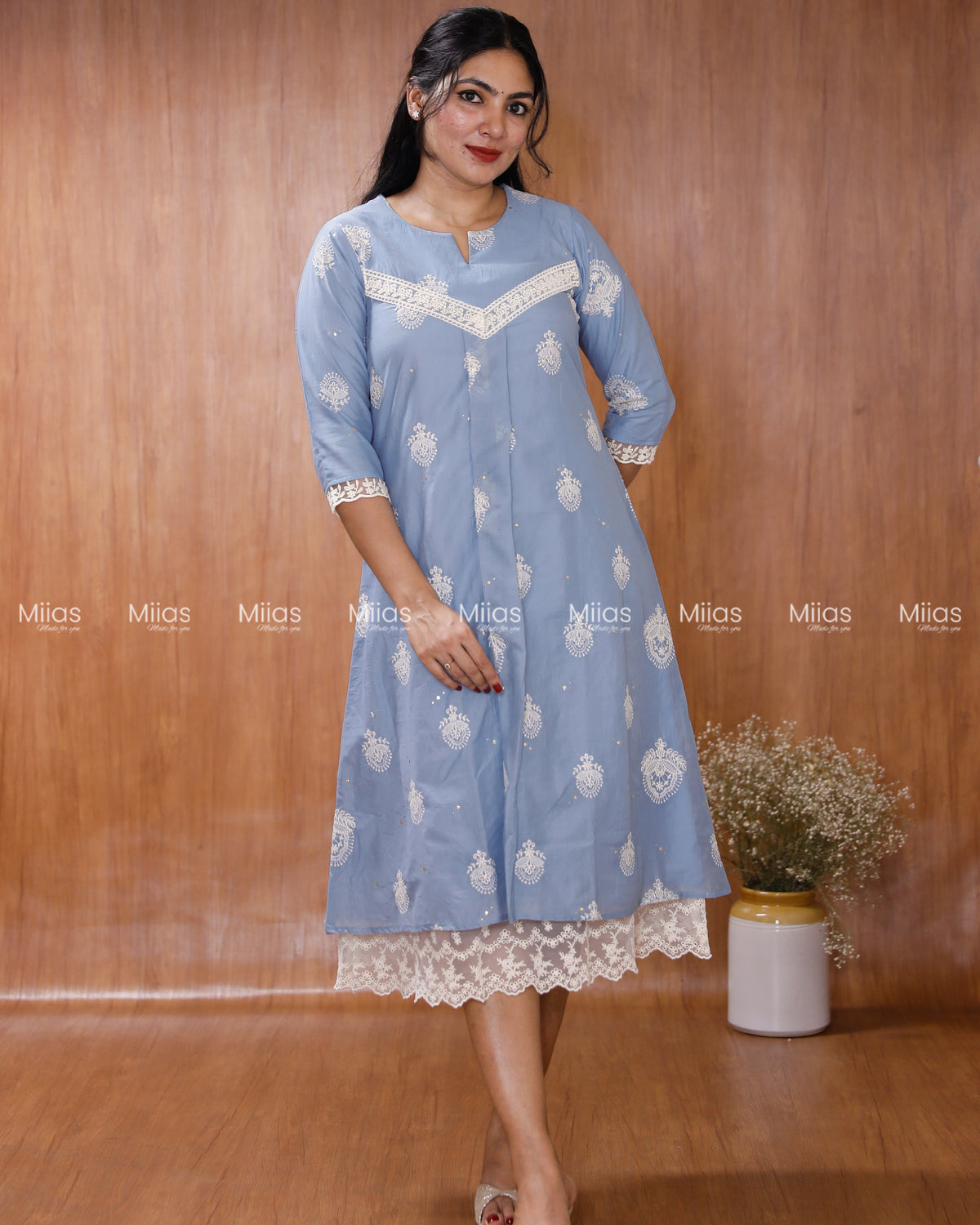 Mul Chanderi Dress Kurti | Mukaish + Lace V-Yoke + Pleats | Powder Blue