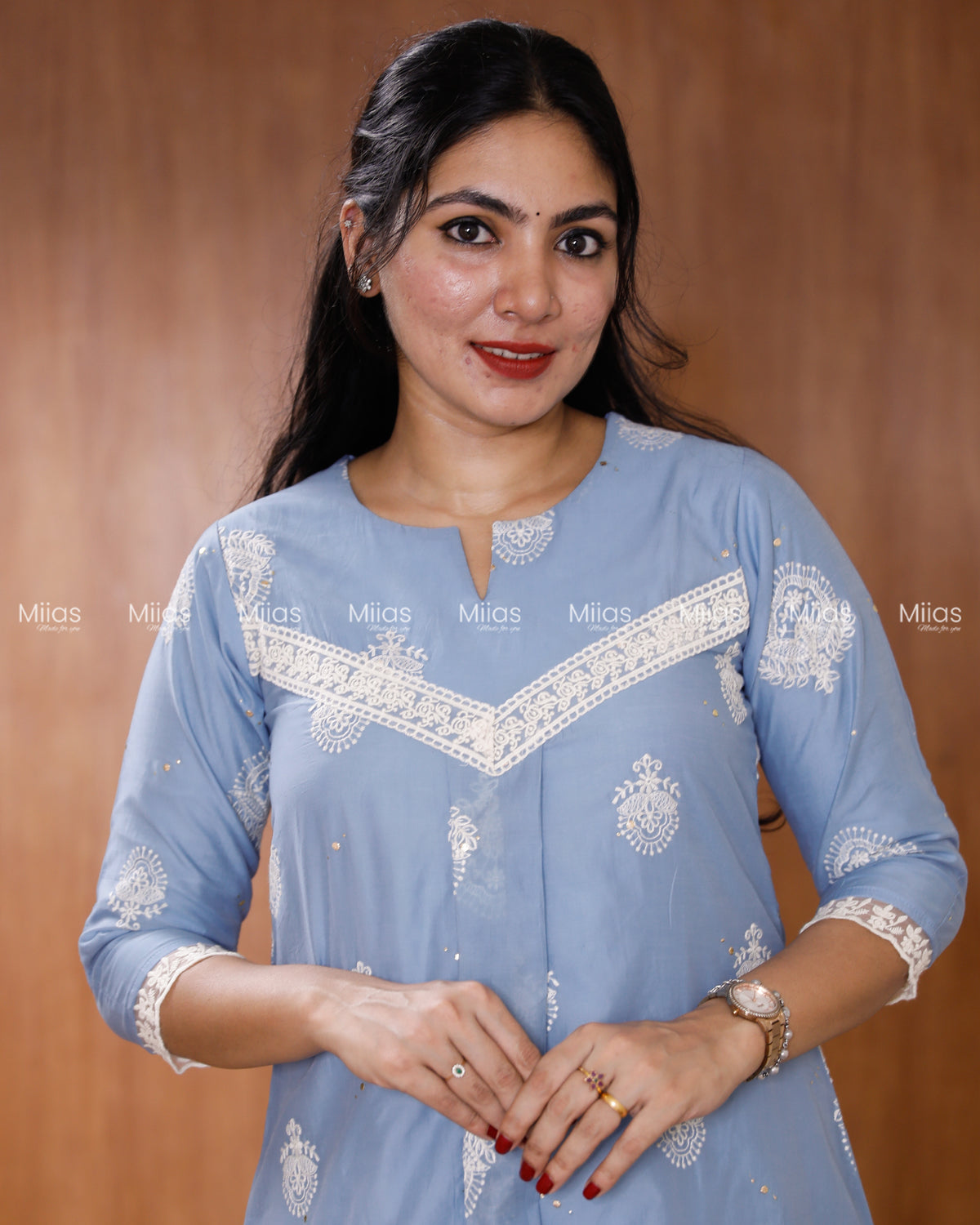Mul Chanderi Dress Kurti | Mukaish + Lace V-Yoke + Pleats | Powder Blue