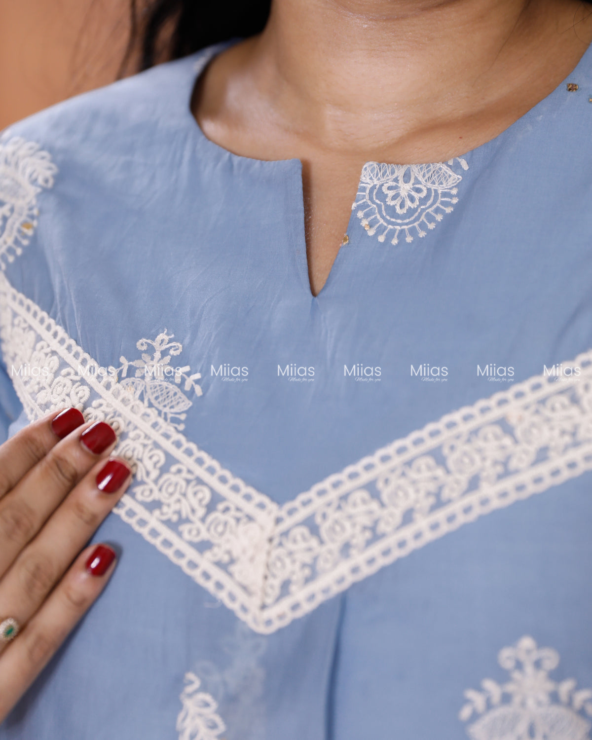 Mul Chanderi Dress Kurti | Mukaish + Lace V-Yoke + Pleats | Powder Blue