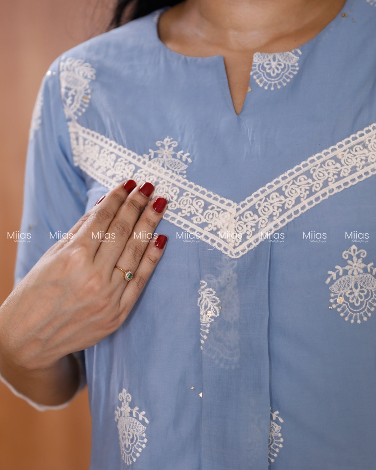 Mul Chanderi Dress Kurti | Mukaish + Lace V-Yoke + Pleats | Powder Blue