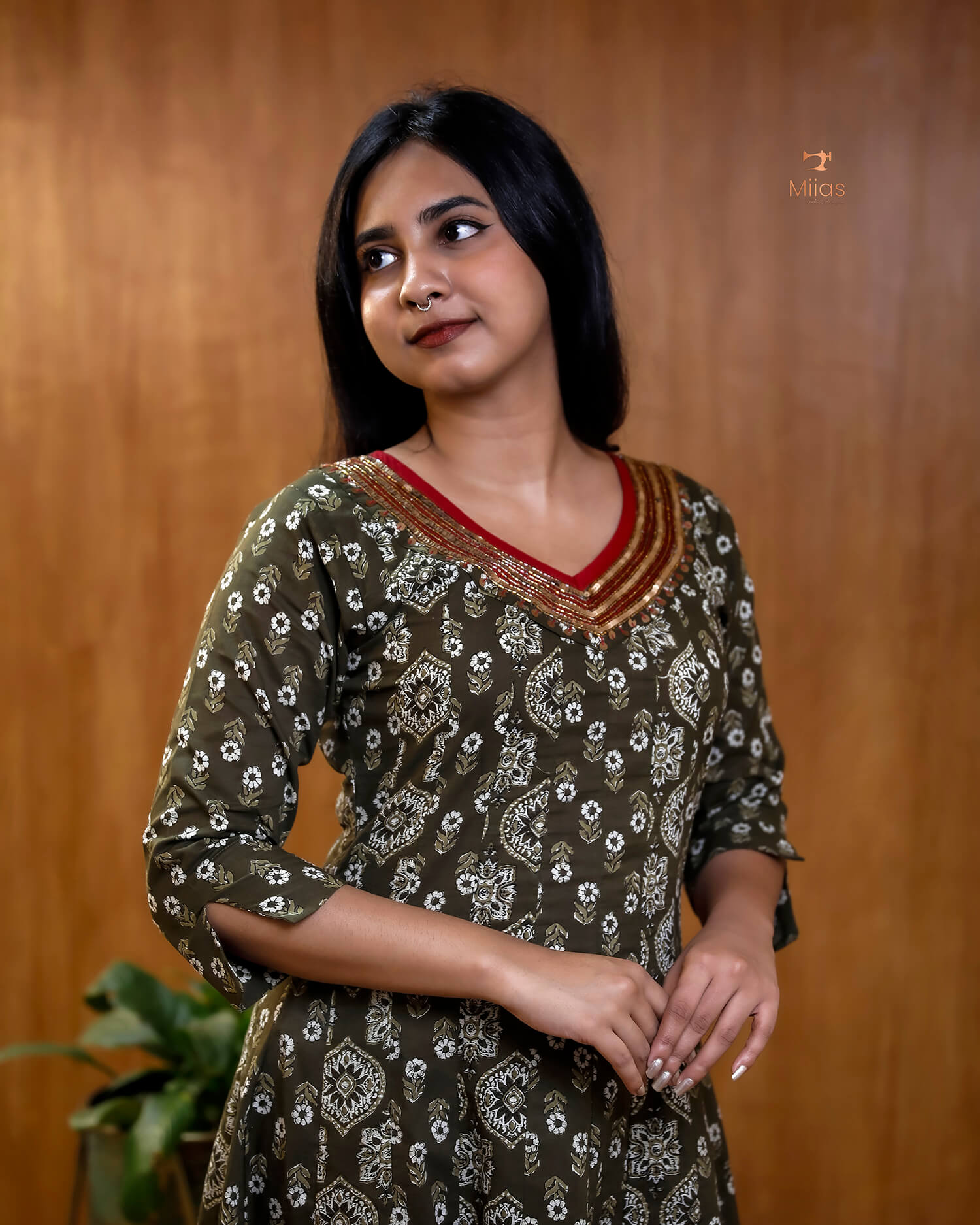Ajrakh Print Cotton Flared Kurti with Embroidered V-Neck