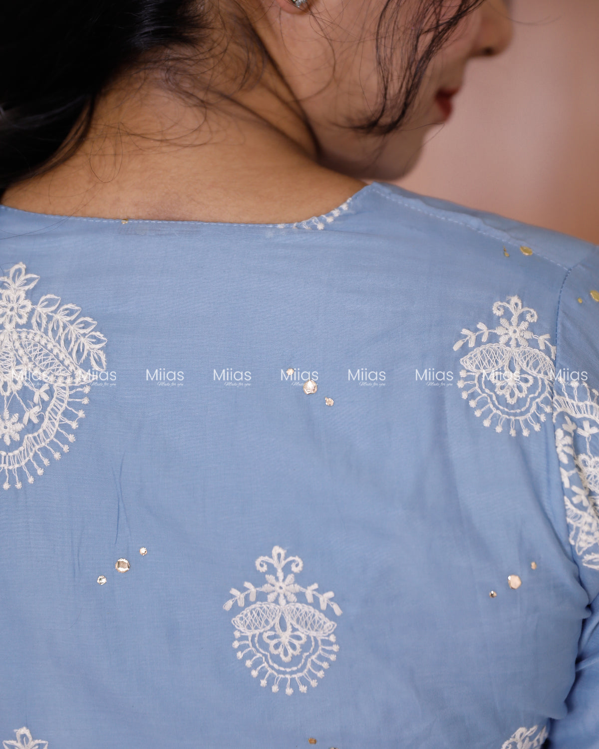 Mul Chanderi Dress Kurti | Mukaish + Lace V-Yoke + Pleats | Powder Blue