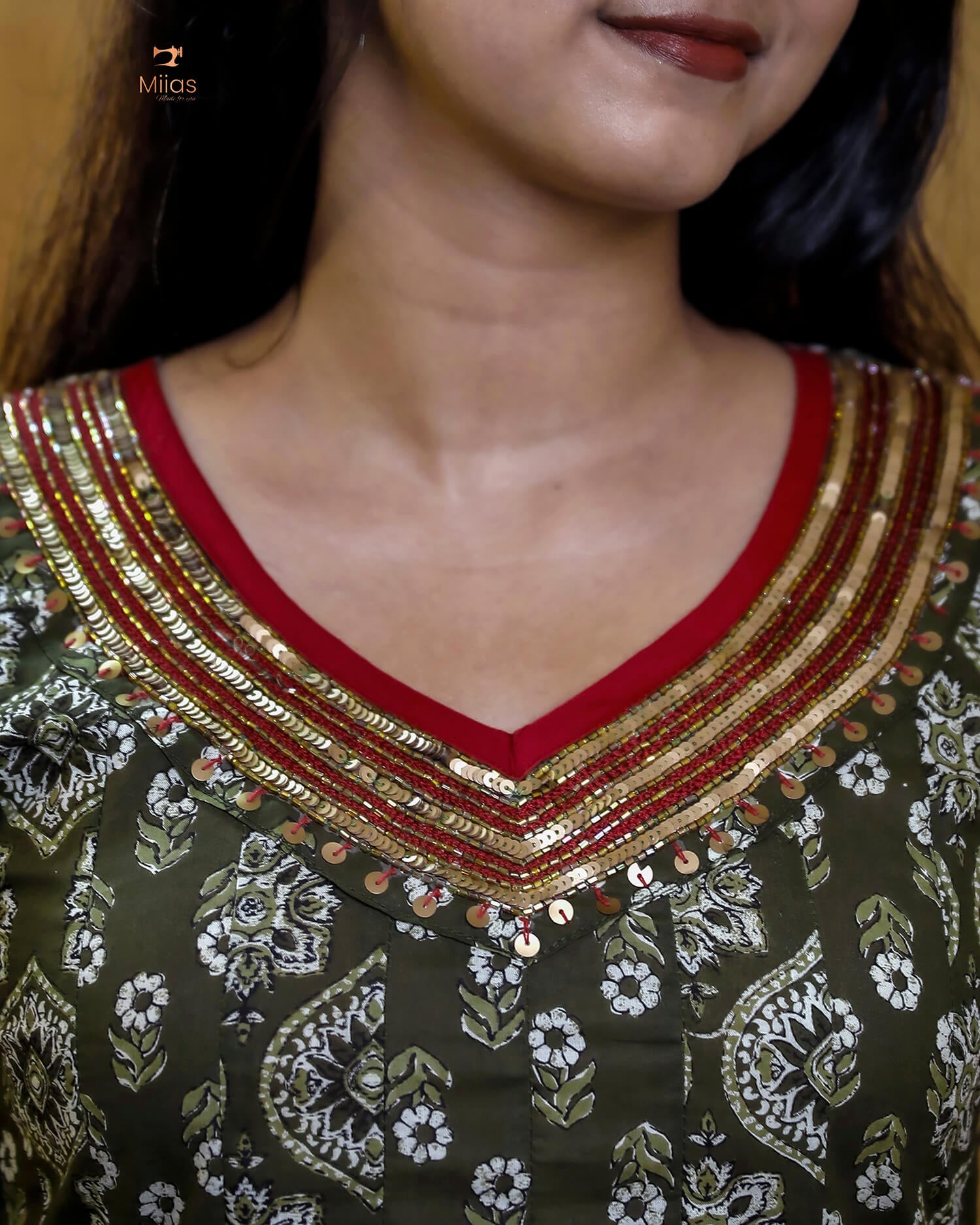 Ajrakh Print Cotton Flared Kurti with Embroidered V-Neck