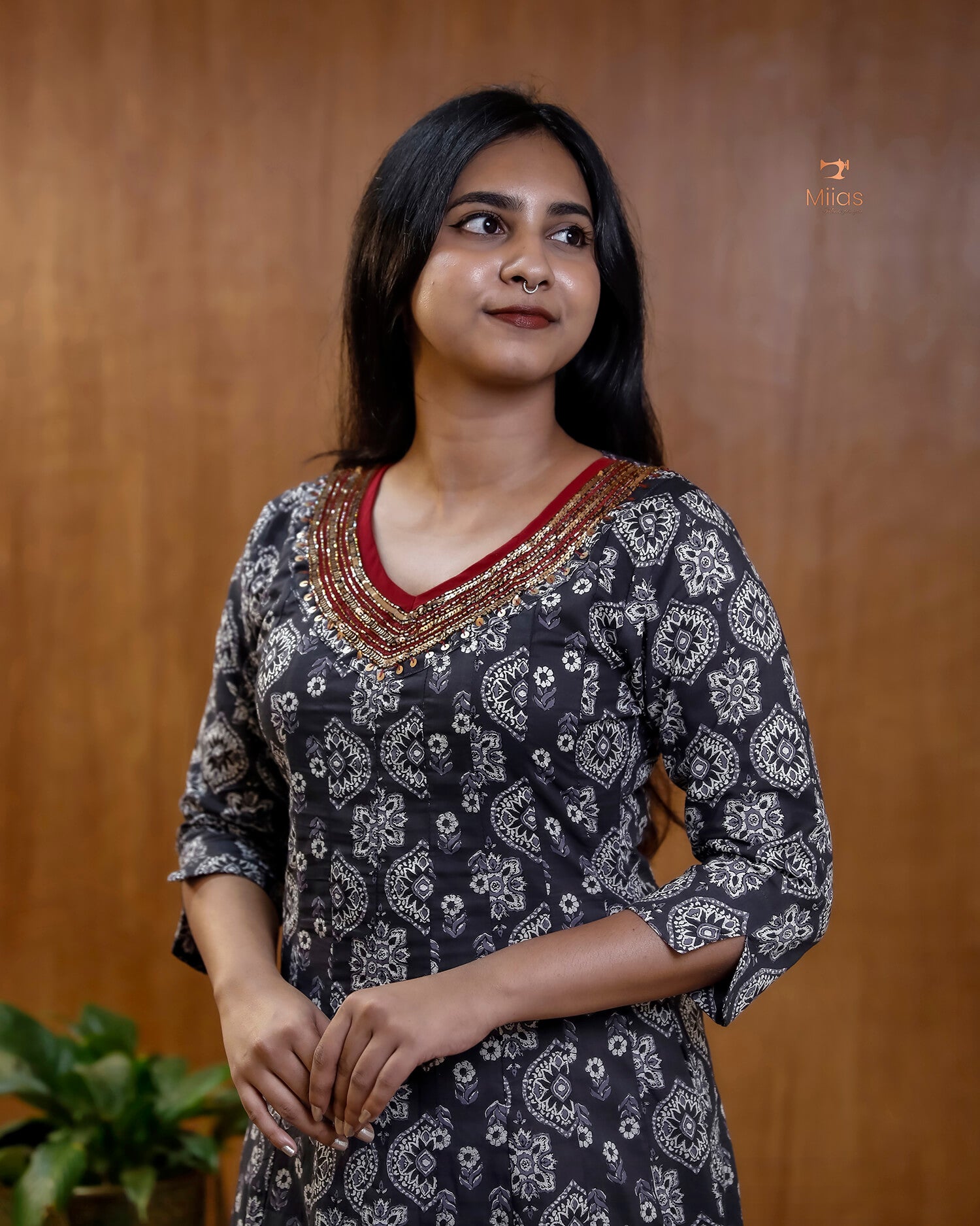 Ajrakh Print Cotton Flared Kurti with Embroidered V-Neck