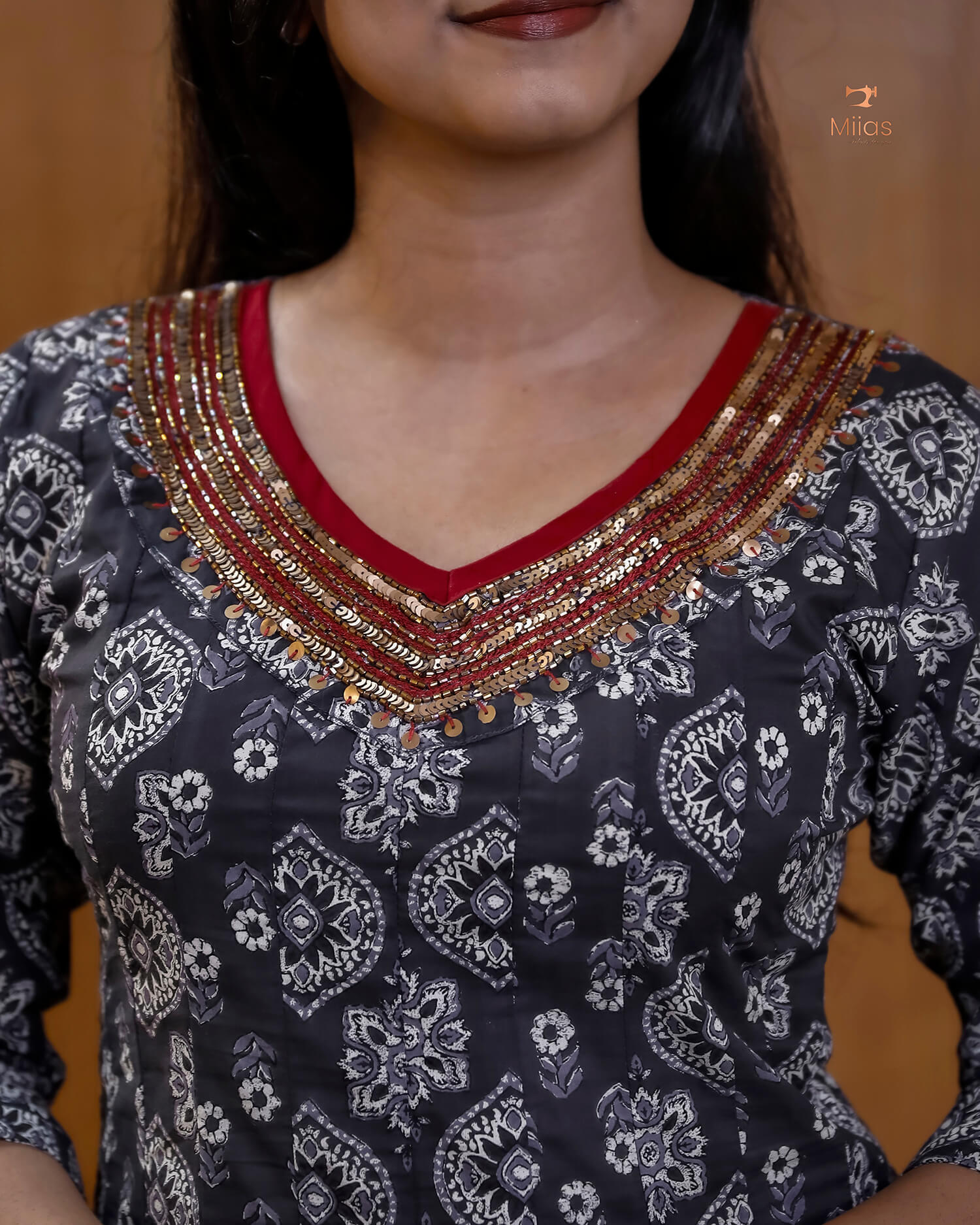 Ajrakh Print Cotton Flared Kurti with Embroidered V-Neck