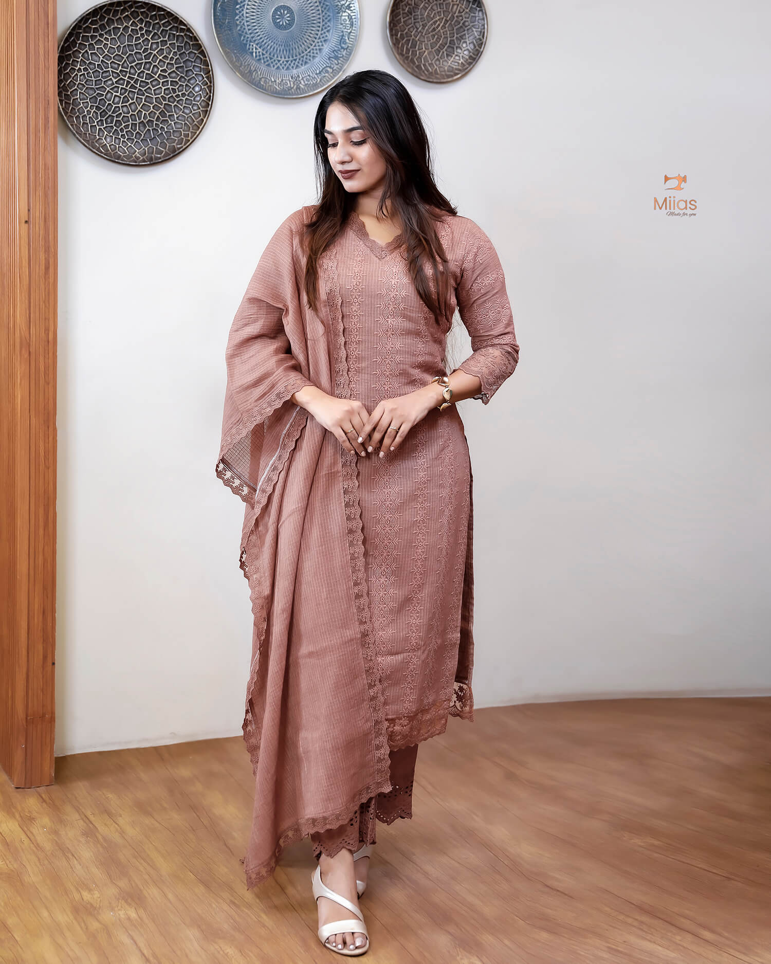 Cotton Kota Check 3-Pc Set with Lace & Pocket-Chocolate Brown.