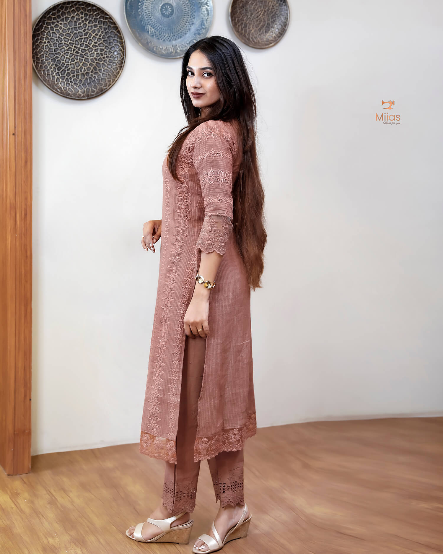 Cotton Kota Check 3-Pc Set with Lace & Pocket-Chocolate Brown.