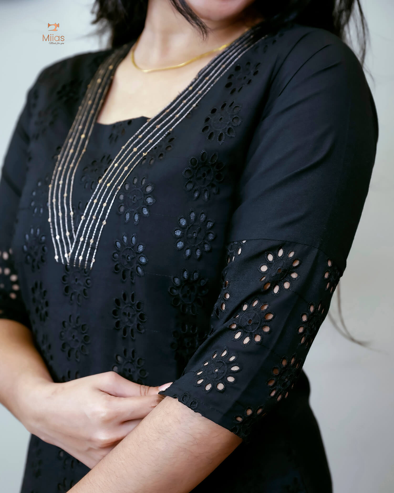 Cotton Hakoba Kurti with V-Neck Zari & Sequins Handwork-Black