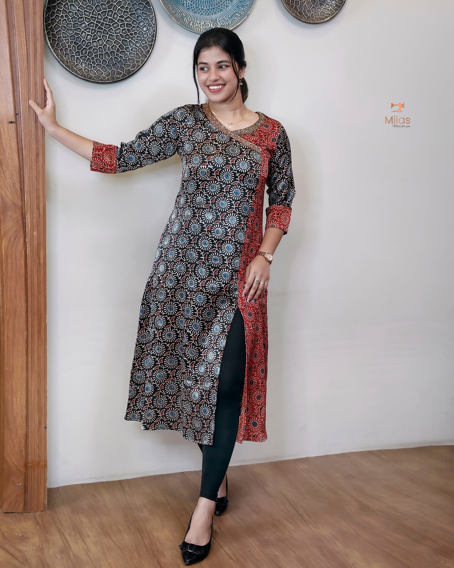 Mashru Silk Kurti: Overlapped Front & Sequins