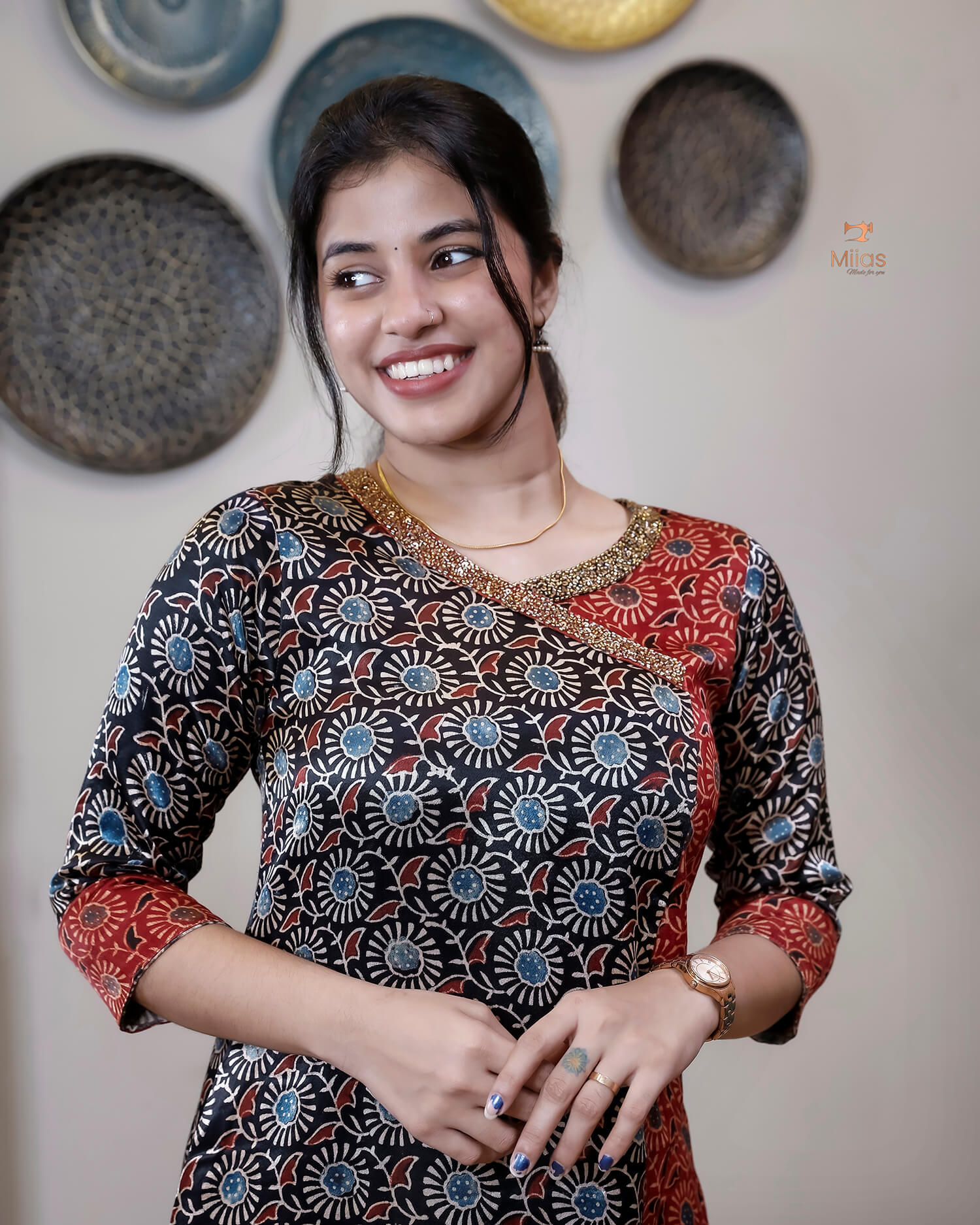 Mashru Silk Kurti: Overlapped Front & Sequins